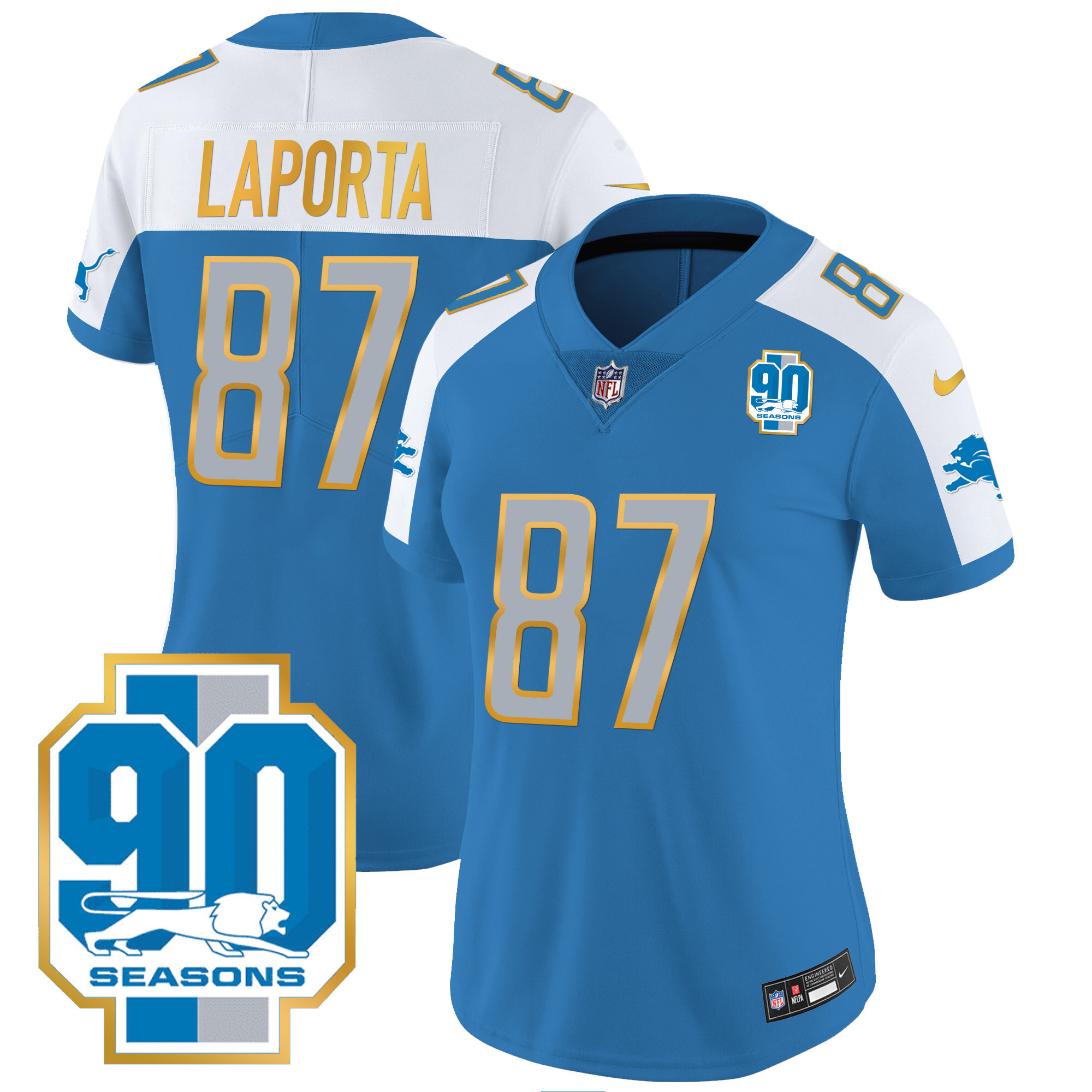 Sam Laporta Women's Detroit Lions 90th Year Patch Gold Trim Blue Alternate Jersey - All Stitched 