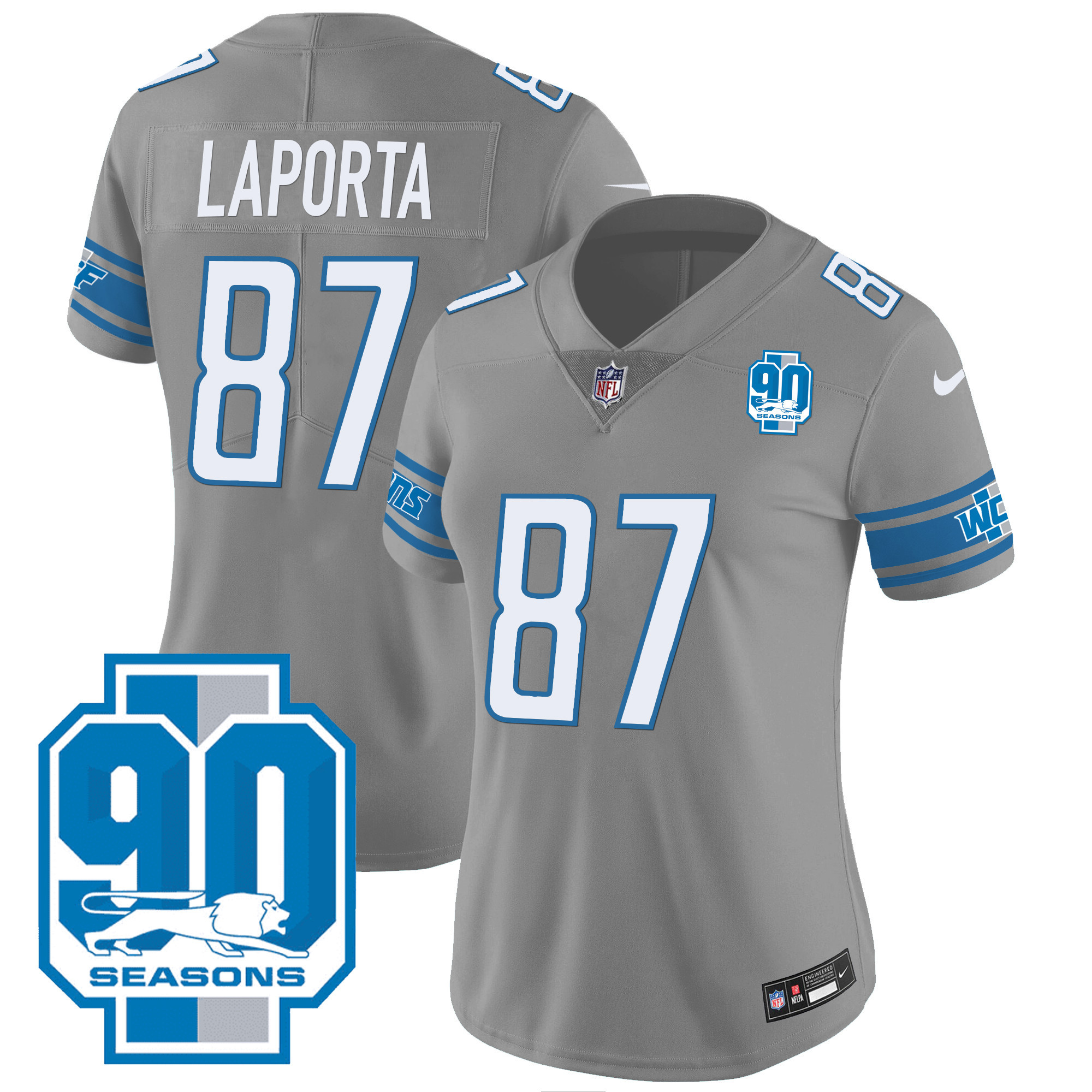 Sam Laporta Women's Detroit Lions 90th Year Patch Gray Jersey - All Stitched 