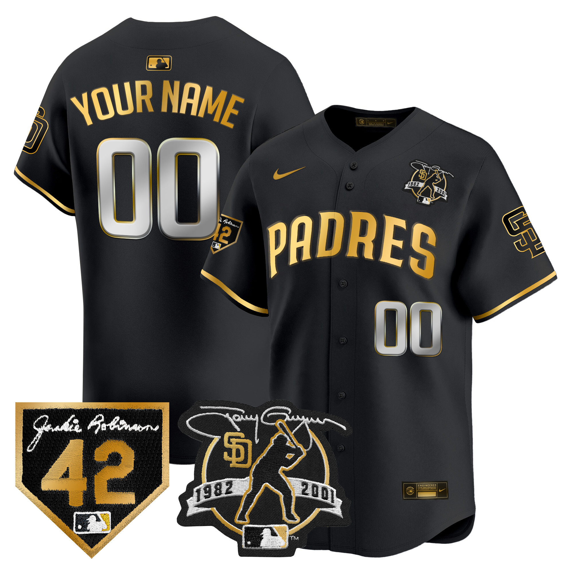 San Diego Padres 2024 Tony Gwynn & Robinson Patch Vapor Premier Limited Custom Black Gold Jersey - All Stitched