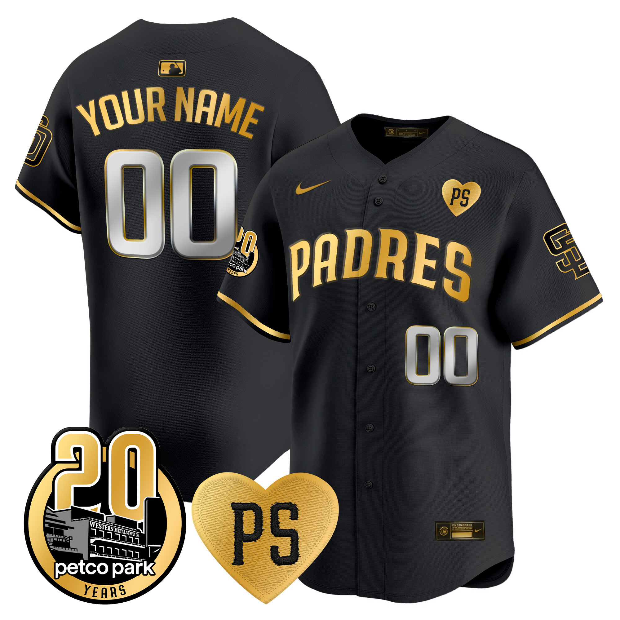 San Diego Padres "For Peter" & Petco Park 20th Patch Vapor Premier Limited Custom Black Gold Jersey - All Stitched
