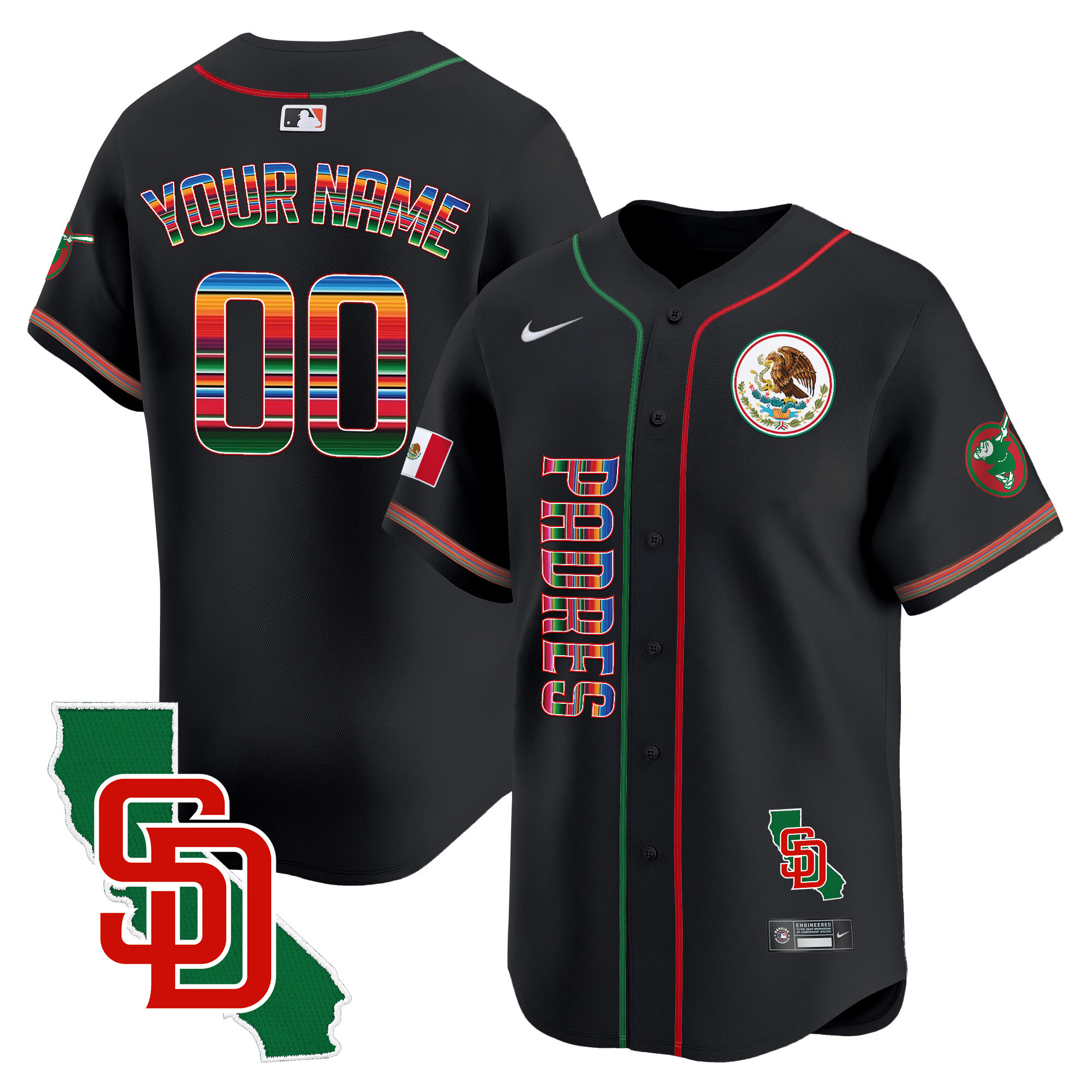 San Diego Padres Mexico California Patch Vapor Premier Limited Custom V2 Black Jersey - All Stitched