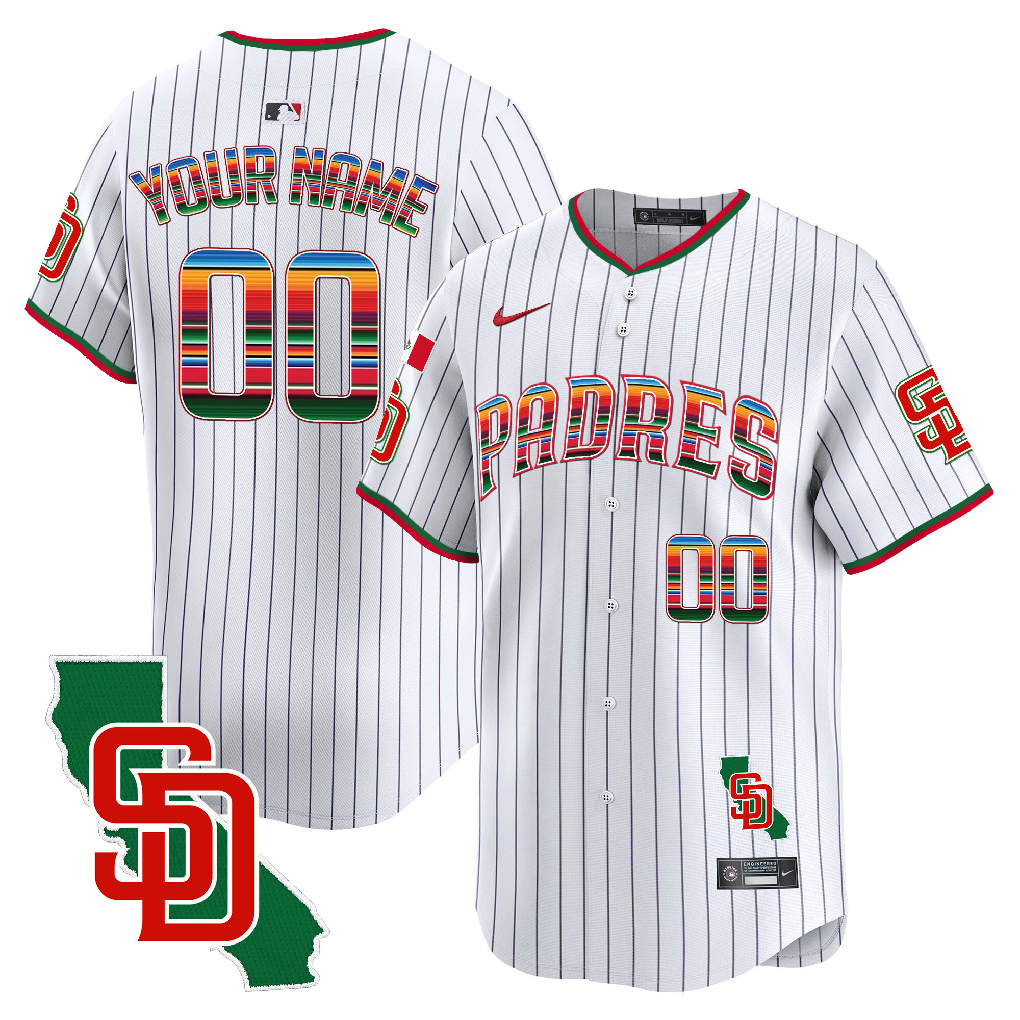San Diego Padres Mexico California Patch Vapor Premier Limited Custom V3 Pinstripe Jersey - All Stitched