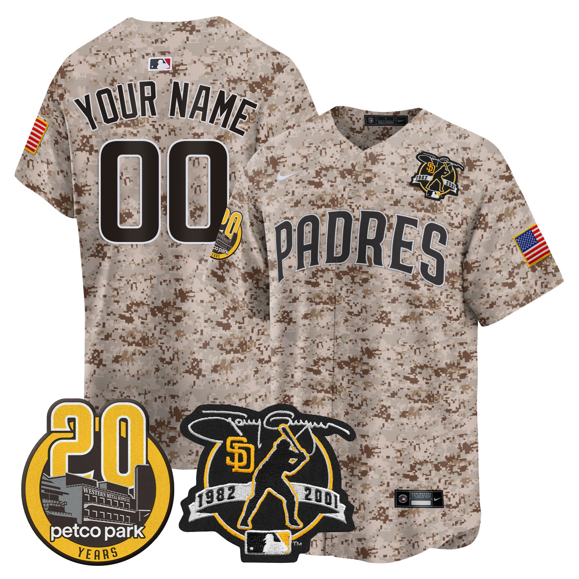 San Diego Padres Tony Gwynn & Petco Park 20th Patch USMC Vapor Premier Limited Custom Desert Jersey - All Stitched