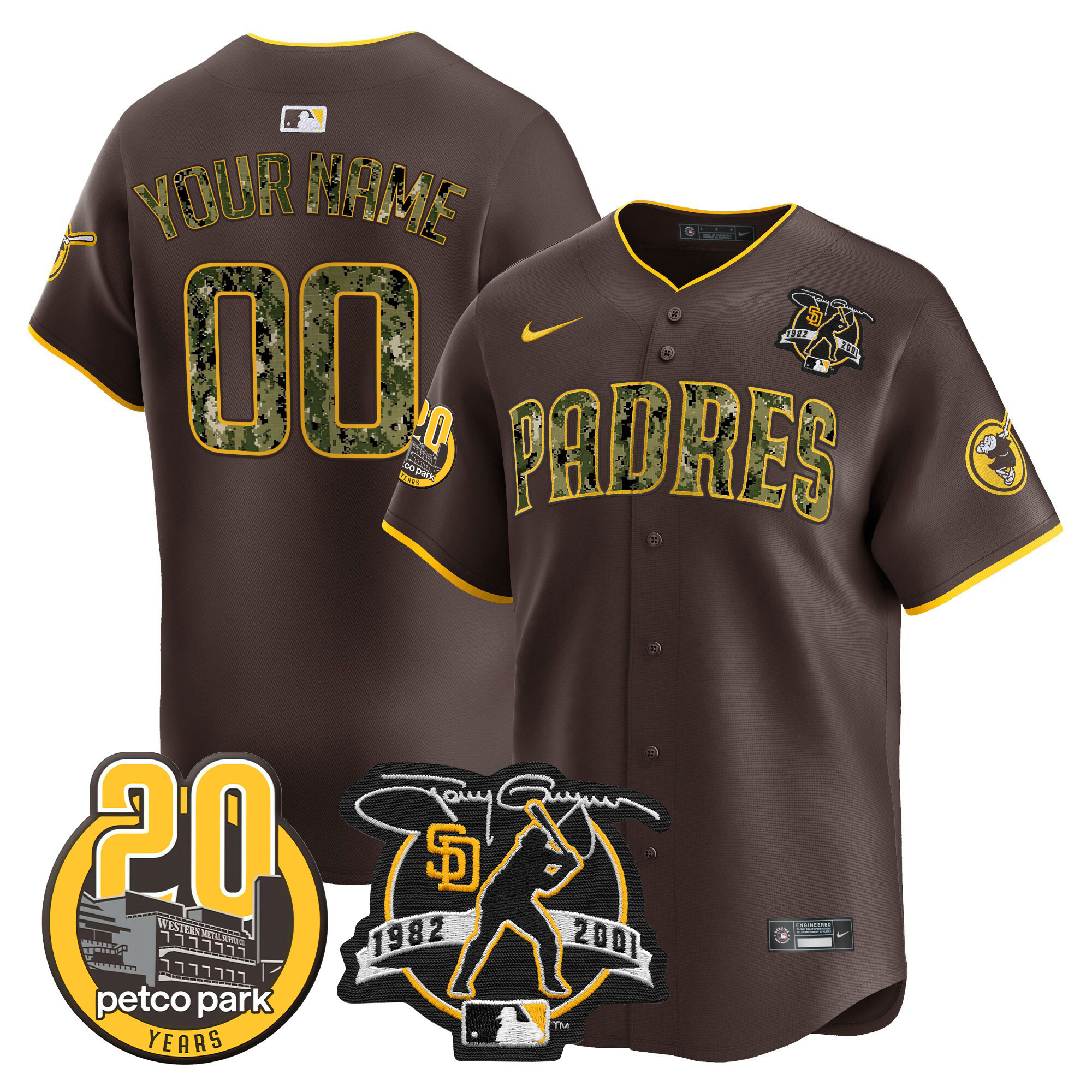San Diego Padres Tony Gwynn & Petco Park 20th Patch USMC Vapor Premier Limited Custom V2 Brown Jersey - All Stitched