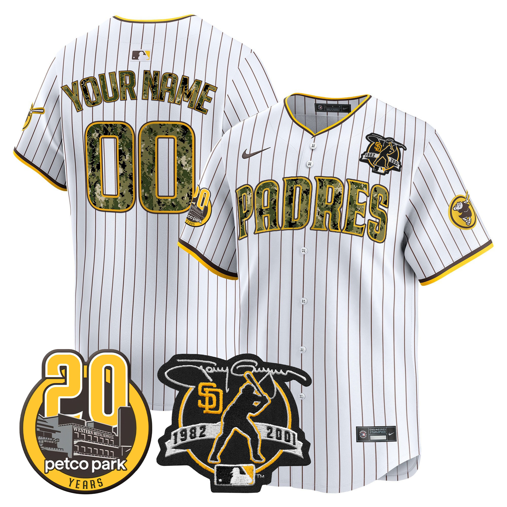 San Diego Padres Tony Gwynn & Petco Park 20th Patch USMC Vapor Premier Limited Custom V2 Pinstripe Jersey - All Stitched