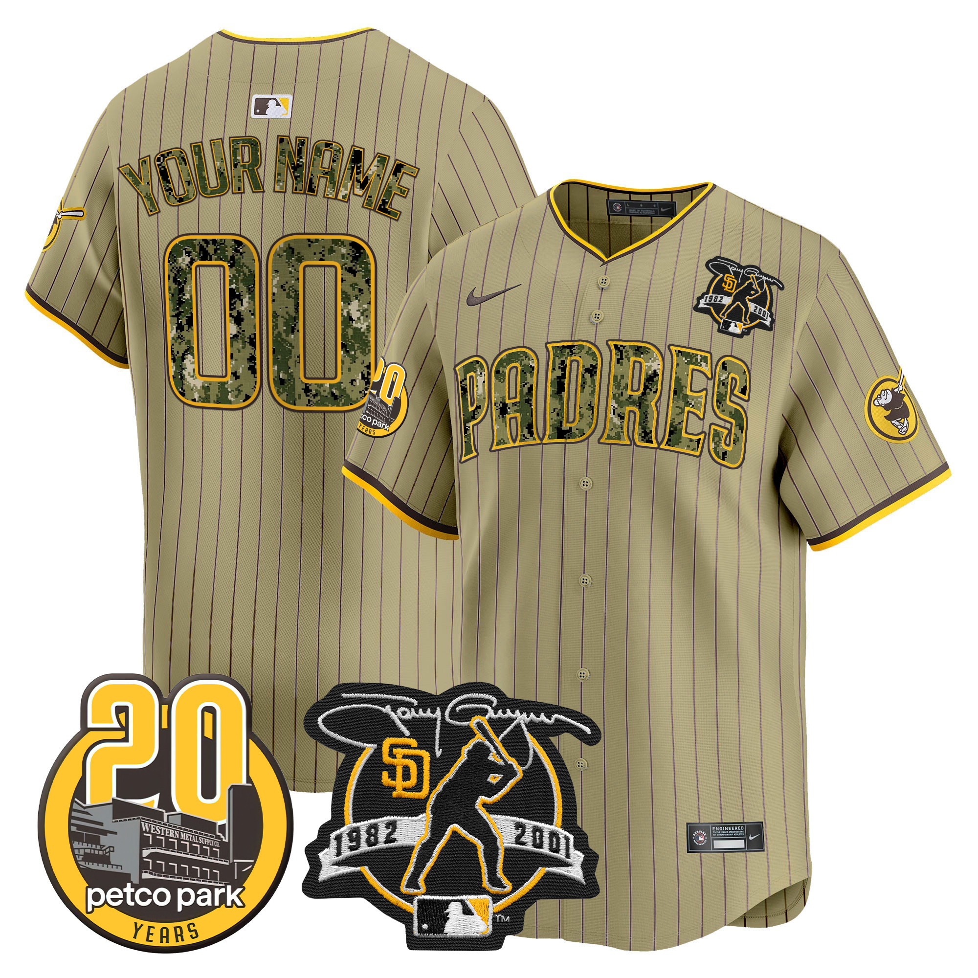 San Diego Padres Tony Gwynn & Petco Park 20th Patch USMC Vapor Premier Limited Custom V2 Tan Jersey - All Stitched