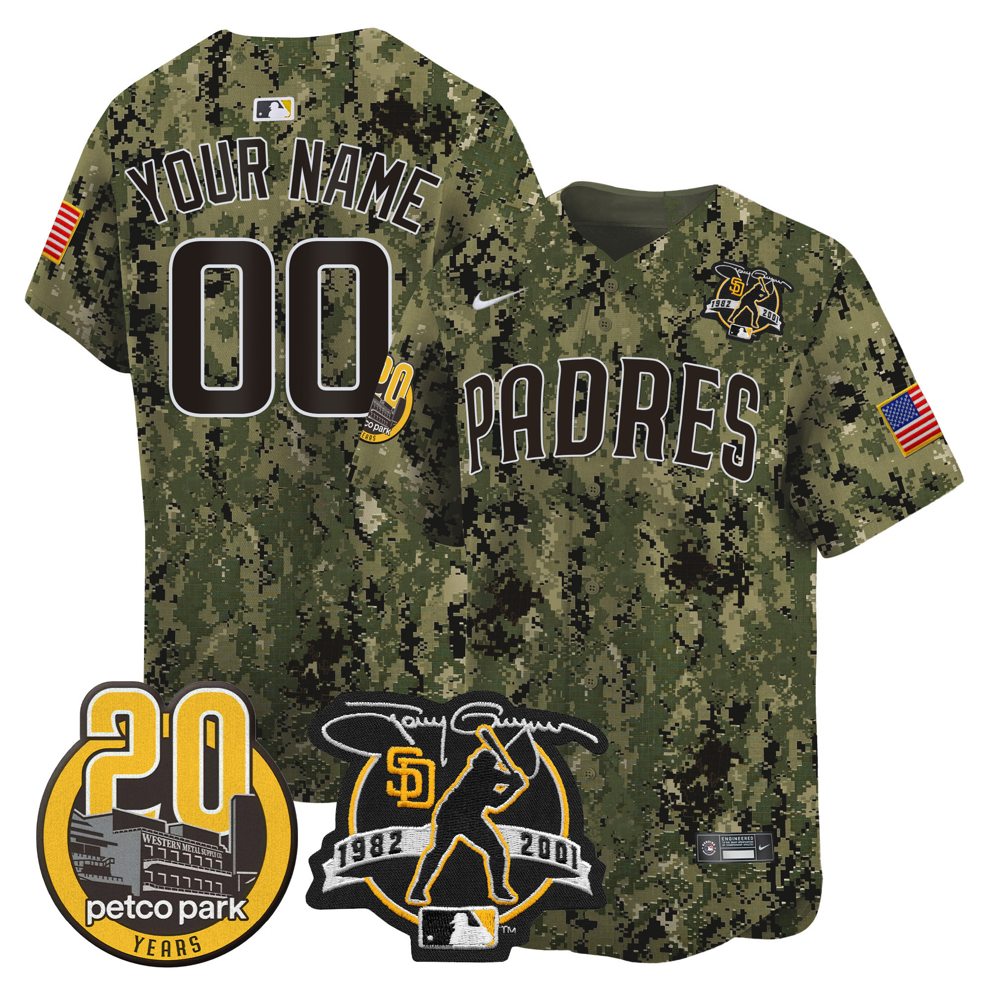 San Diego Padres Tony Gwynn & Petco Park 20th Patch USMC Vapor Premier Limited Custom Woodland Jersey - All Stitched