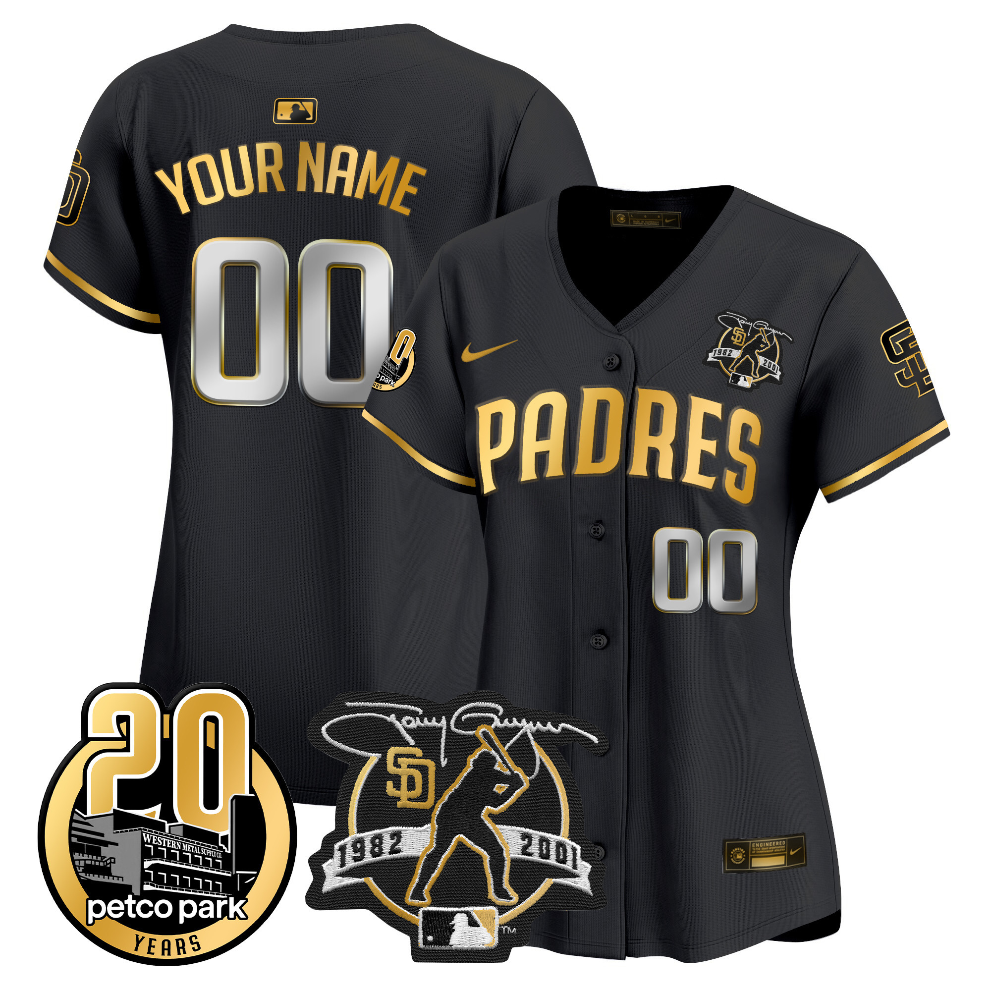 San Diego Padres Tony Gwynn & Petco Park 20th Patch Vapor Premier Limited Custom Black Gold Jersey - All Stitched