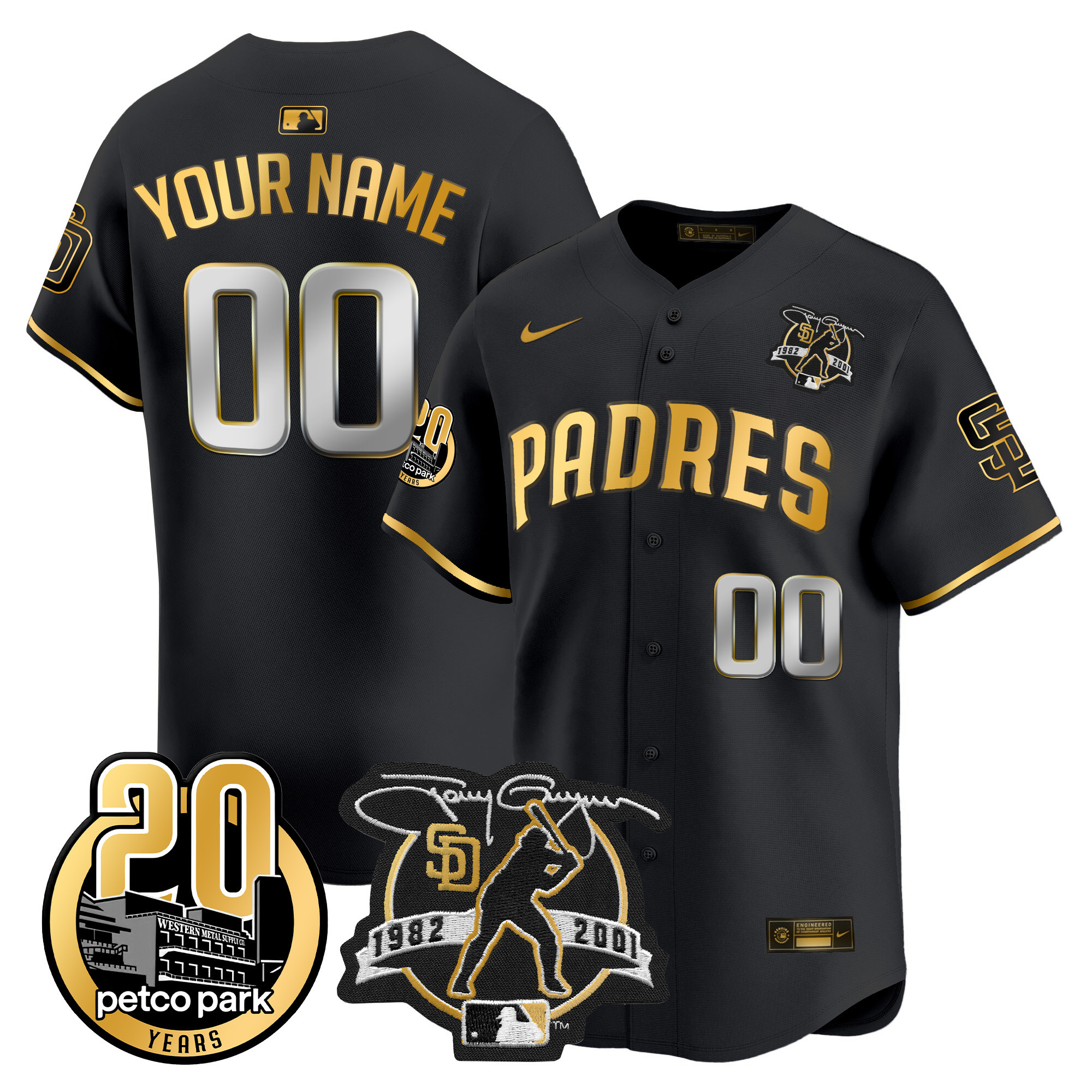 San Diego Padres Tony Gwynn & Petco Park 20th Patch Vapor Premier Limited Custom Black Gold Jersey - All Stitched