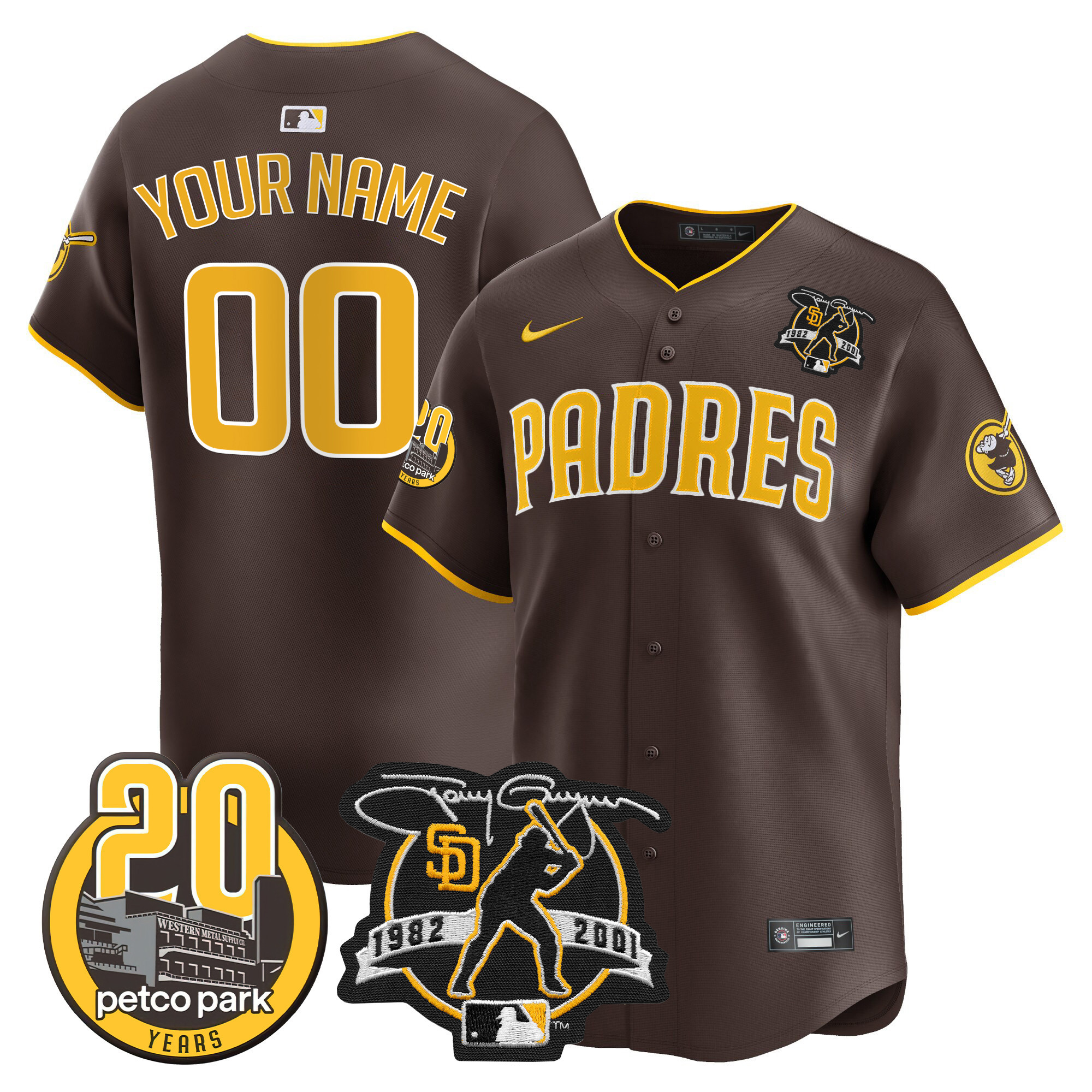 San Diego Padres Tony Gwynn & Petco Park 20th Patch Vapor Premier Limited Custom Brown Jersey - All Stitched
