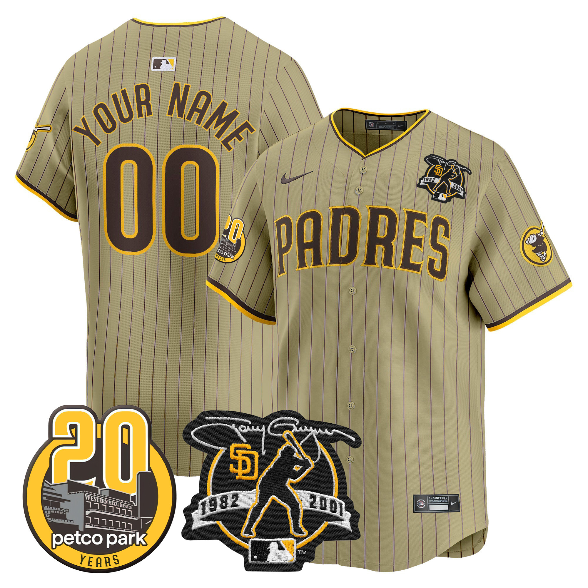 San Diego Padres Tony Gwynn & Petco Park 20th Patch Vapor Premier Limited Custom Tan Jersey - All Stitched