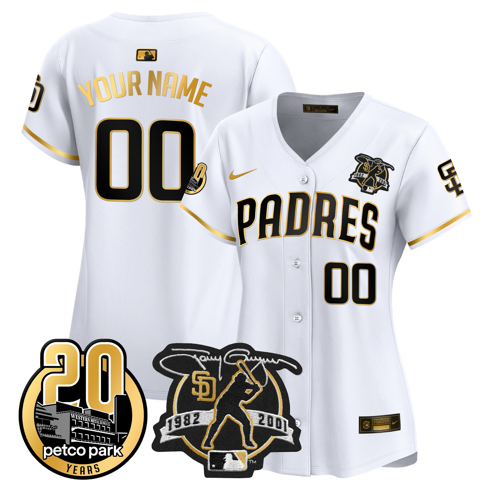 San Diego Padres Tony Gwynn & Petco Park 20th Patch Vapor Premier Limited Custom White Gold Jersey - All Stitched