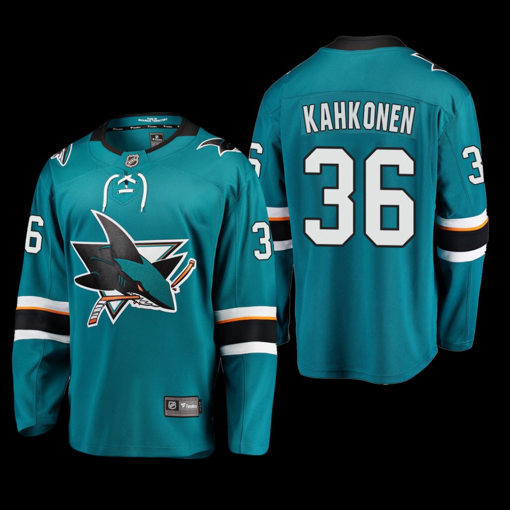 San Jose Sharks #36 Kaapo Kahkonen Teal 2022 Home Breakaway Player Jersey