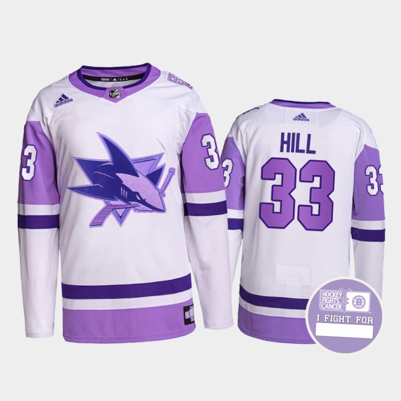 San Jose Sharks Adin Hill #33 Fights Cancer Jersey White Purple Primegreen