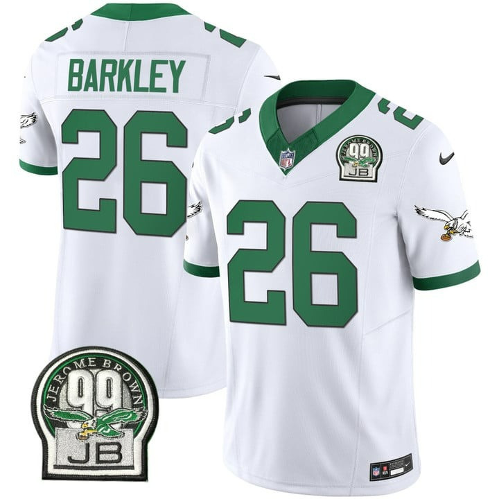 Saquon Barkley Men's Philadelphia Eagles Jerome Brown Patch Kelly Green Alternate V2 Kelly White Jersey - All Stitched
