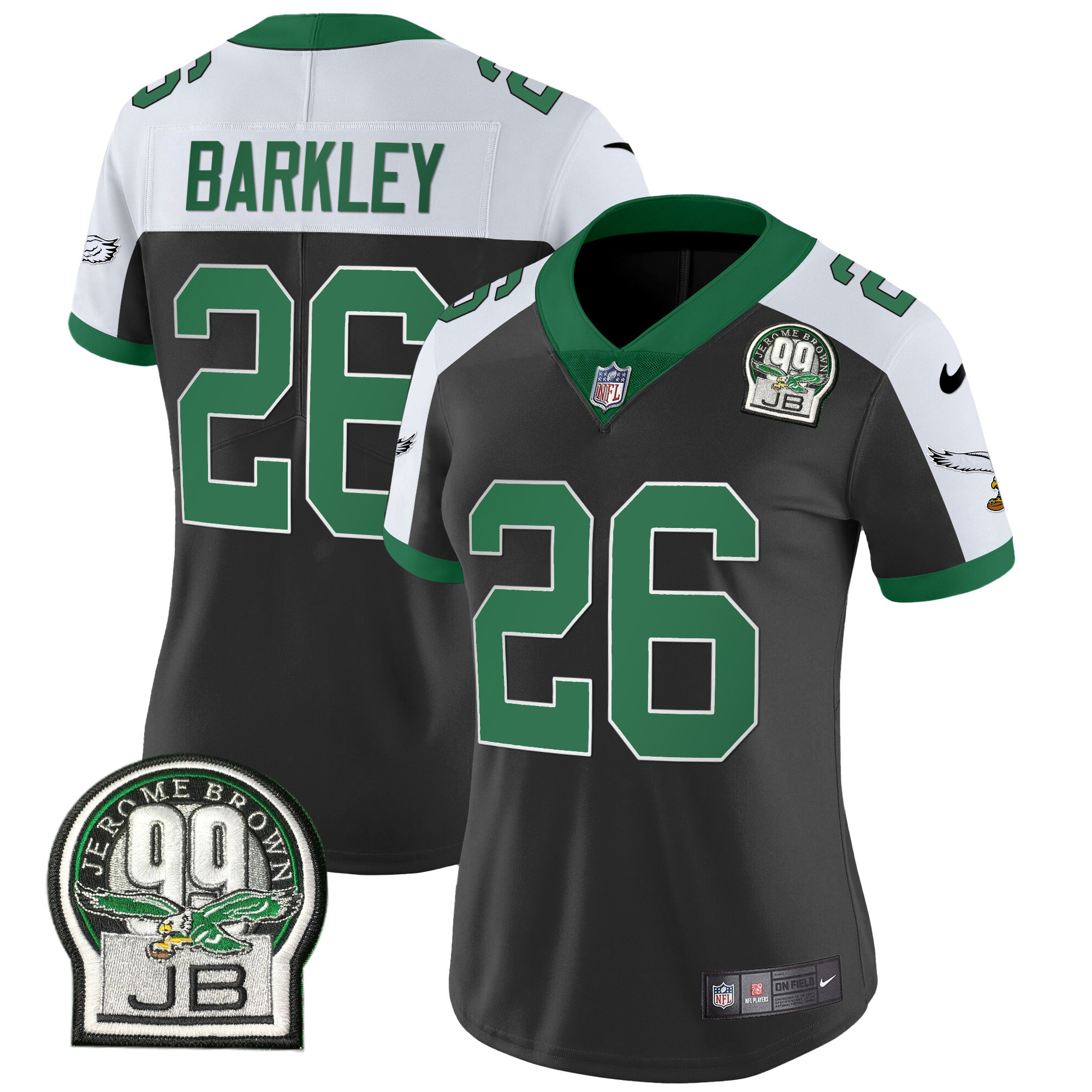 Saquon Barkley Women's Philadelphia Eagles Jerome Brown Patch Kelly Green Alternate V2 Black Alternate Jersey - All Stitched