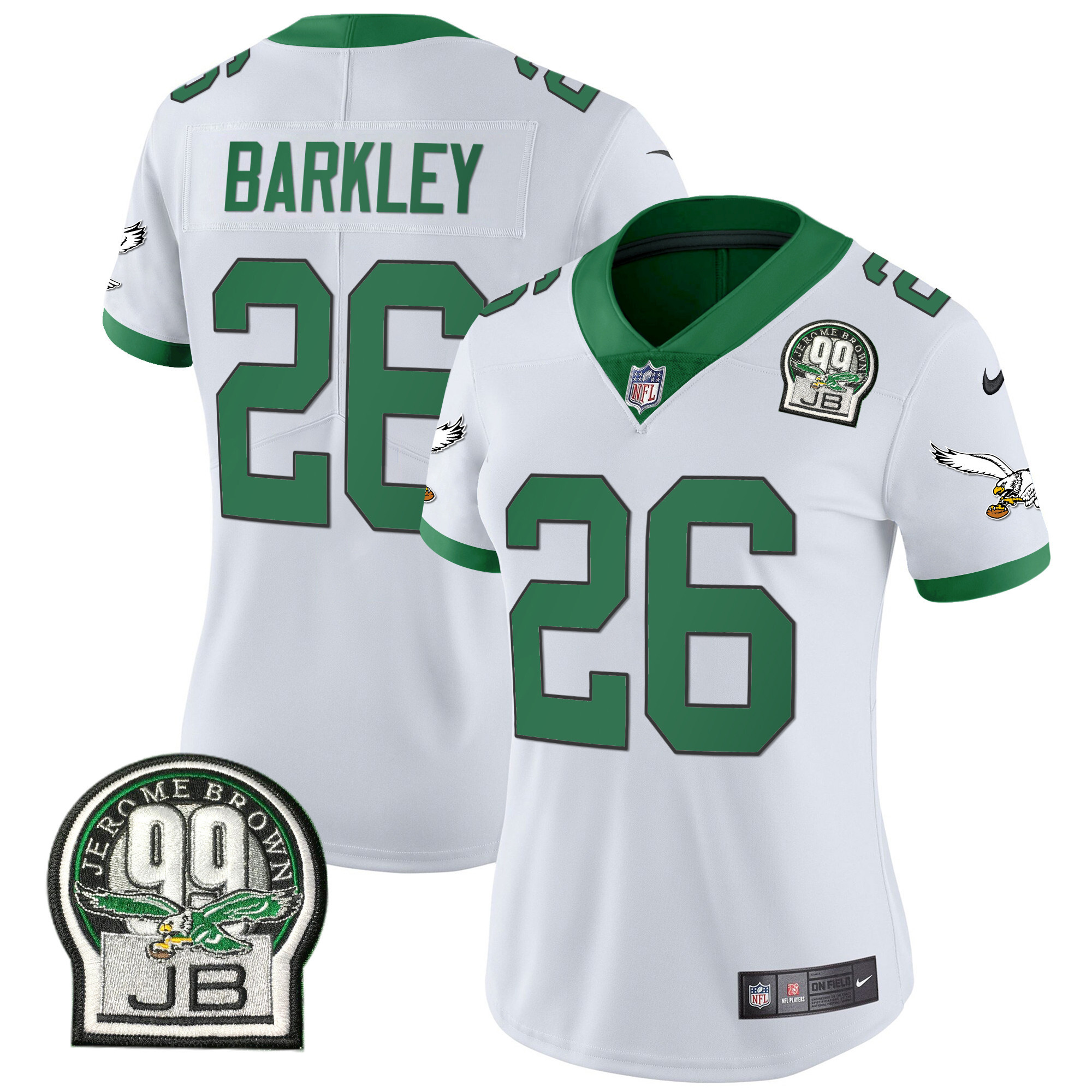 Saquon Barkley Women's Philadelphia Eagles Jerome Brown Patch Kelly Green Alternate V2 Kelly White Jersey - All Stitched