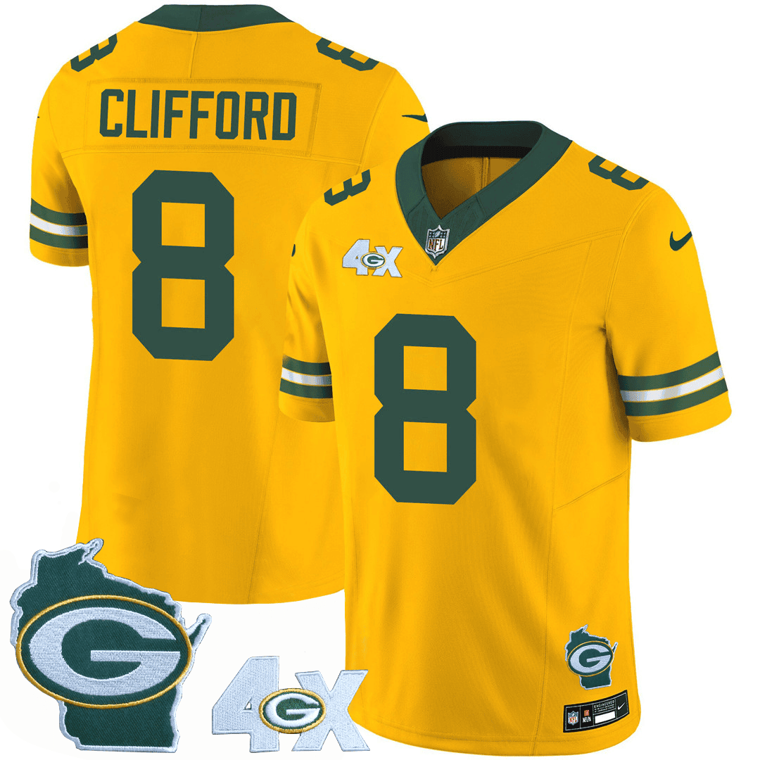 Sean Clifford Men's Green Bay Packers 4x Champs & Home Patch Vapor Gold Jersey - All Stitched 