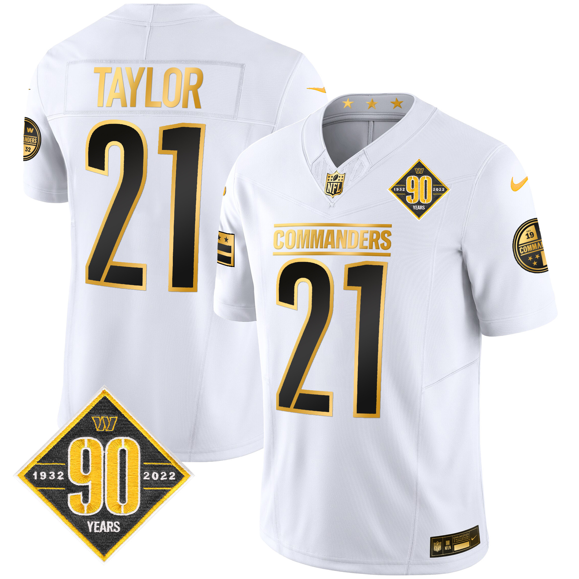 Sean Taylor Men's Washington Commanders 90th Anniversary Patch Gold Vapor White Gold Jersey - All Stitched 