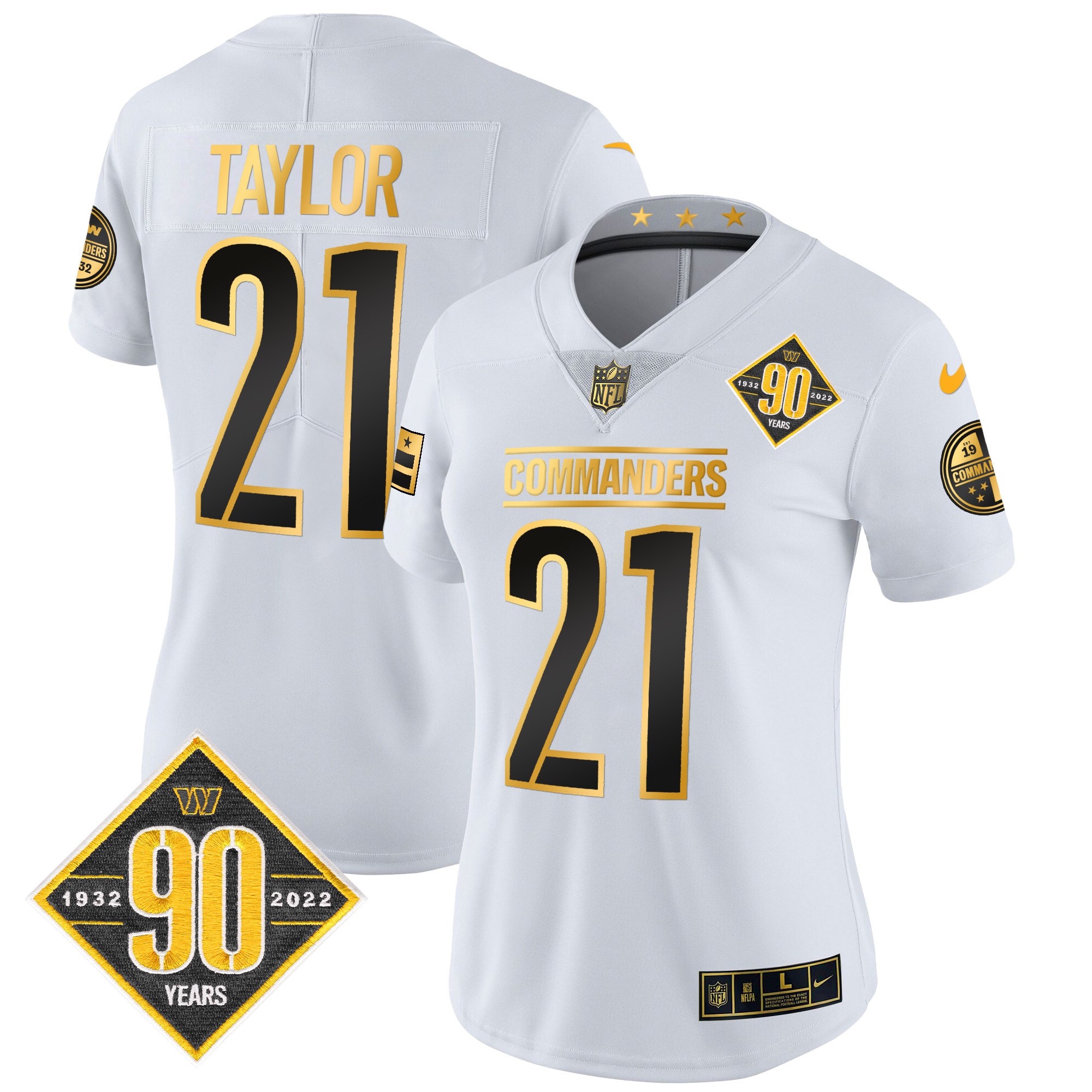 Sean Taylor Women's Washington Commanders 90th Anniversary Patch Gold Vapor White Gold Jersey - All Stitched 