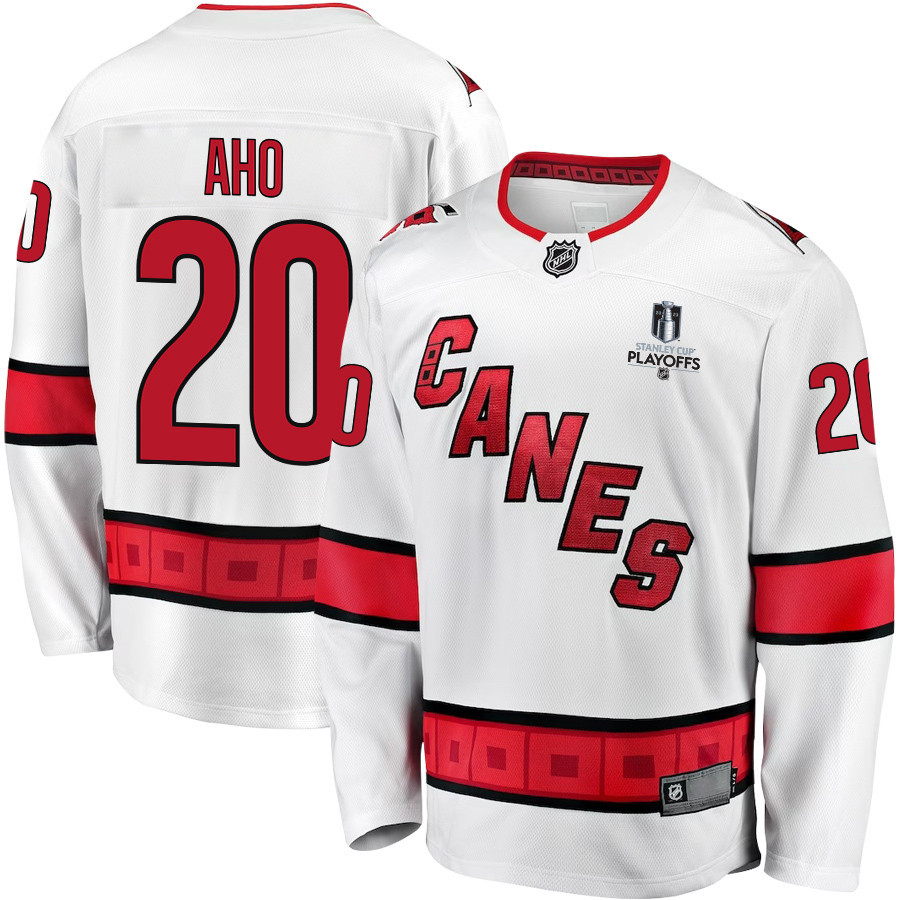 Sebastian Aho 20 Carolina Hurricanes Stanley Cup 2023 Playoffs Patch Away Breakaway Men Stitched Jersey – White