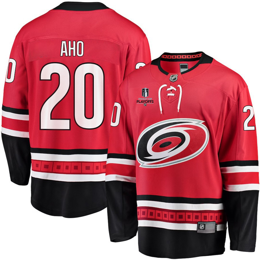 Sebastian Aho 20 Carolina Hurricanes Stanley Cup 2023 Playoffs Patch Home Breakaway Men Stitched Jersey – Red