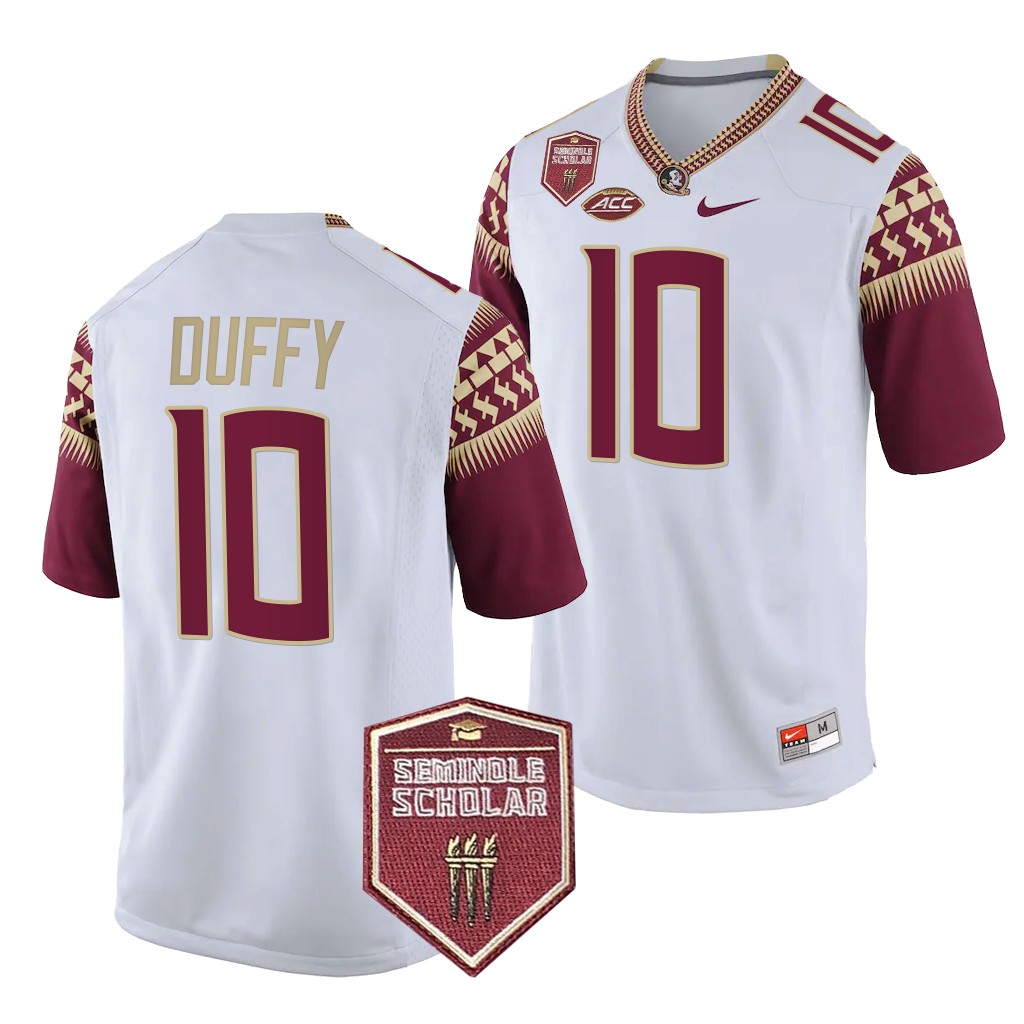 Seminole Scholar patch AJ Duffy Florida State Seminoles #10 White Game Jersey Men's