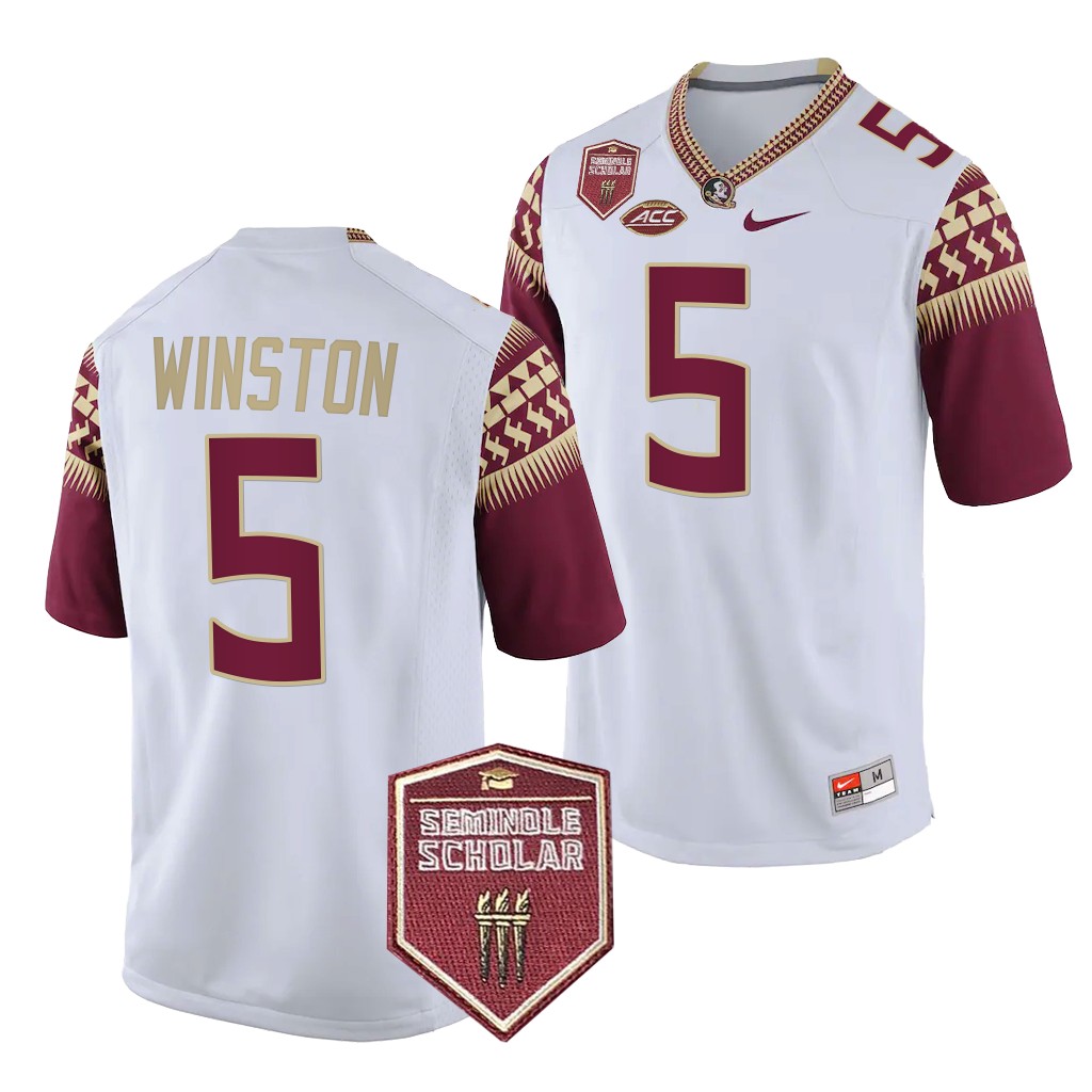 Seminole Scholar patch Jameis Winston Florida State Seminoles #5 White Game Jersey Men's