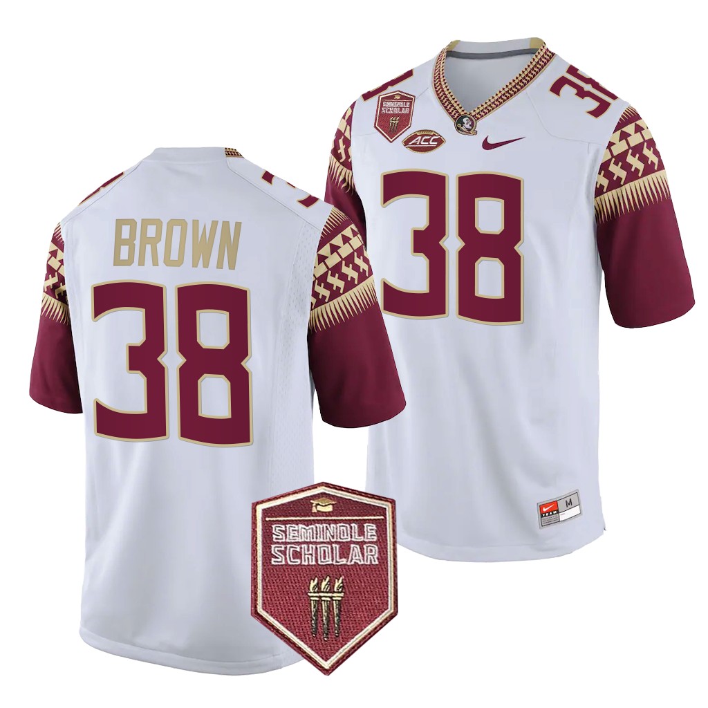 Seminole Scholar patch Shyheim Brown Florida State Seminoles #38 White Game Jersey Men's