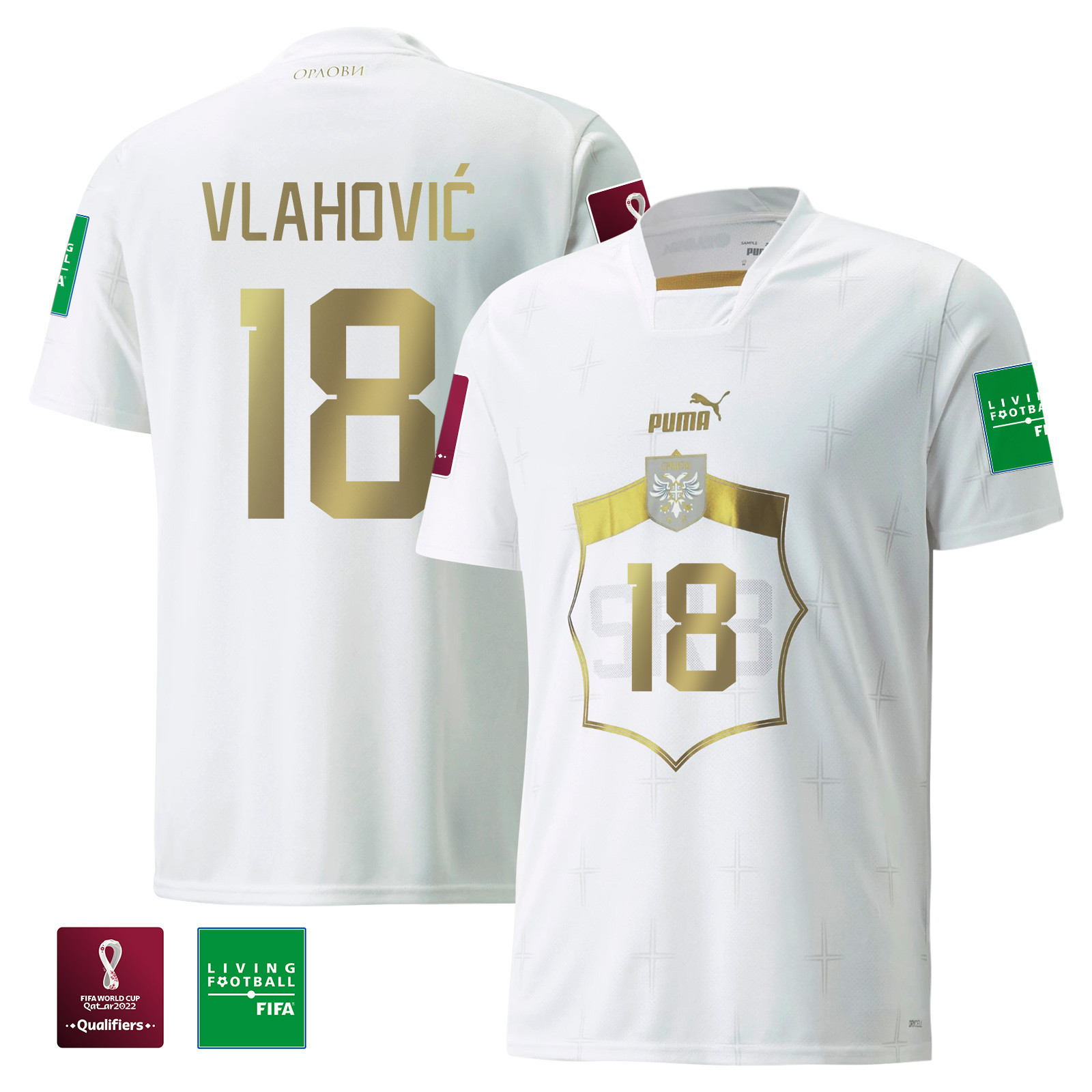 Serbia National Team Dusan Vlahovic 18 FIFA World Cup Qatar 2022 – Patch Away Men Soccer Jersey