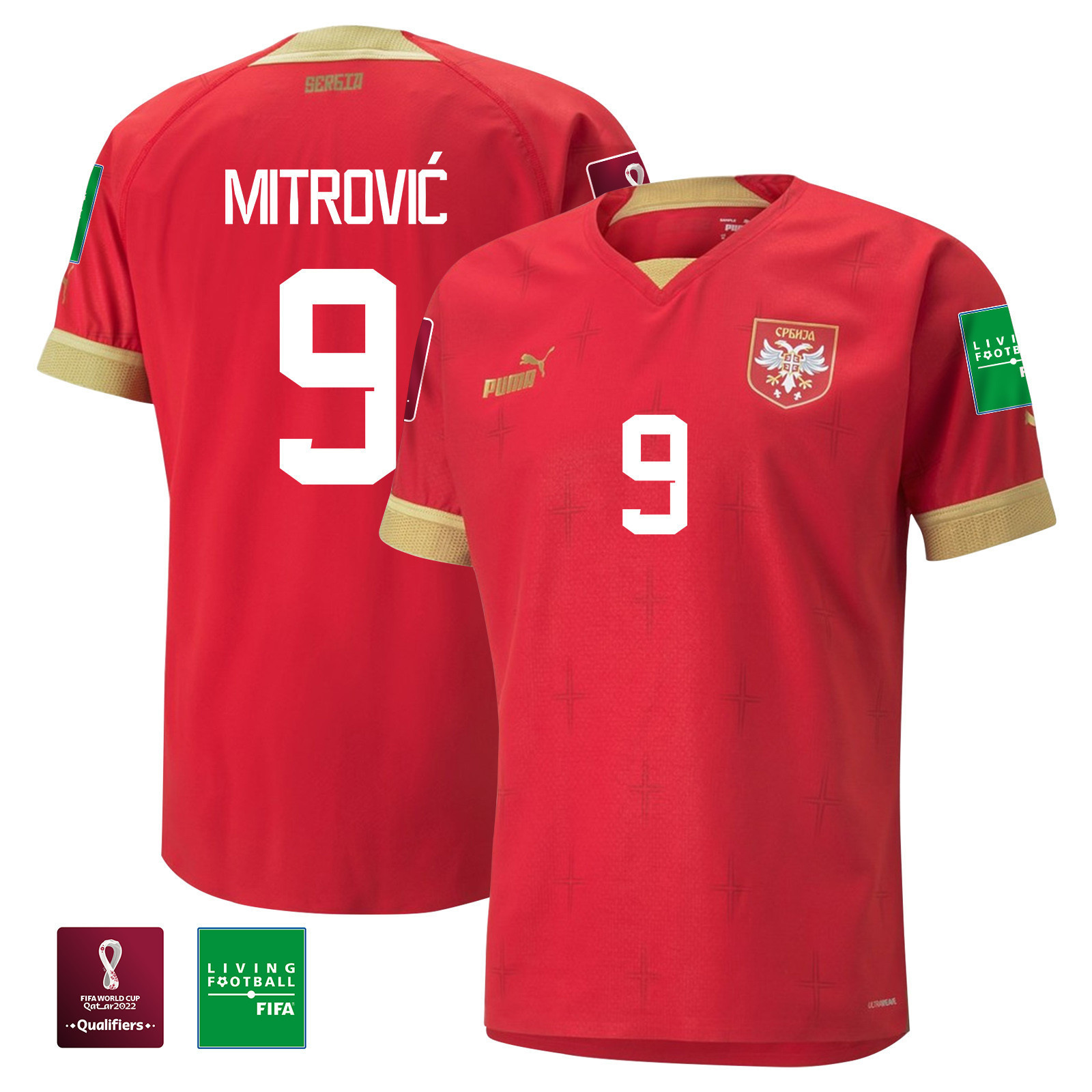 Serbia National Team FIFA World Cup Qatar 2022 Patch Home Men Soccer Jersey – Aleksandar Mitrovic 9