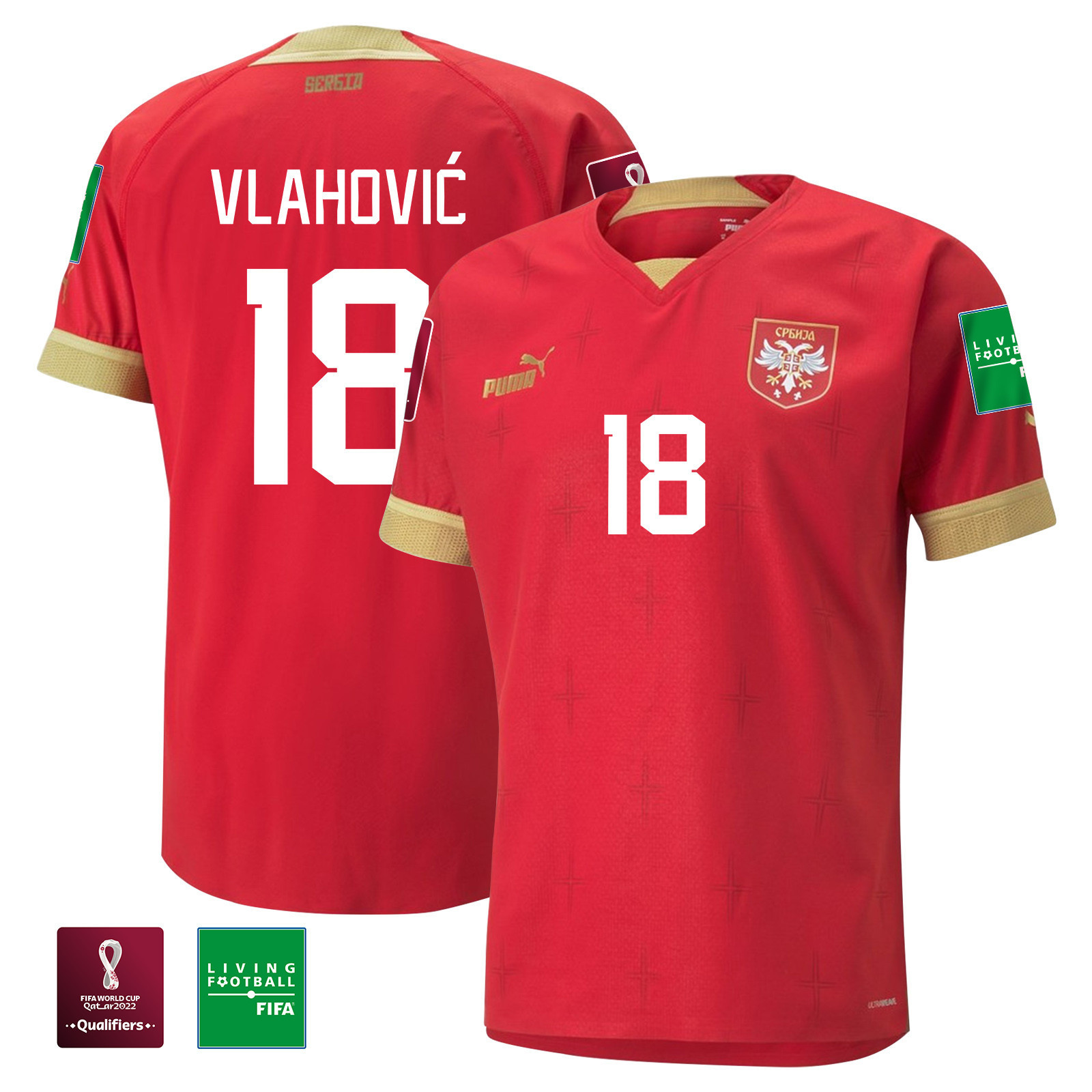 Serbia National Team FIFA World Cup Qatar 2022 Patch Home Men Soccer Jersey – Dusan Vlahovic 18