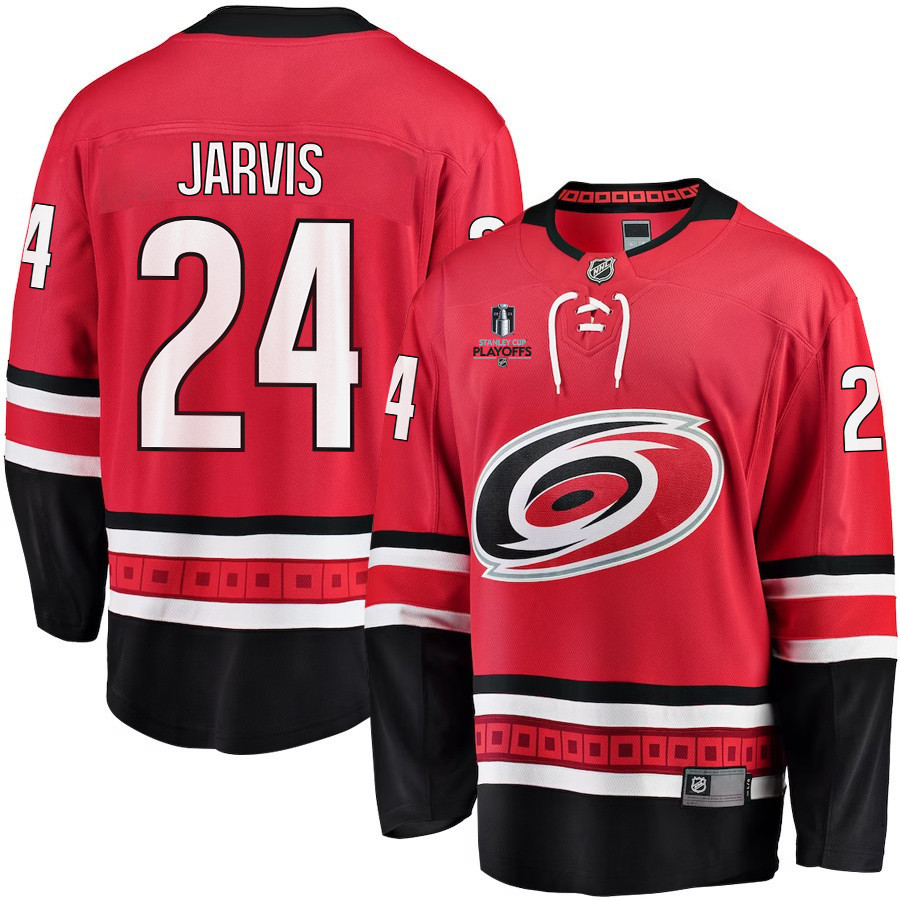 Seth Jarvis 24 Carolina Hurricanes Stanley Cup 2023 Playoffs Patch Home Breakaway Men Stitched Jersey – Red