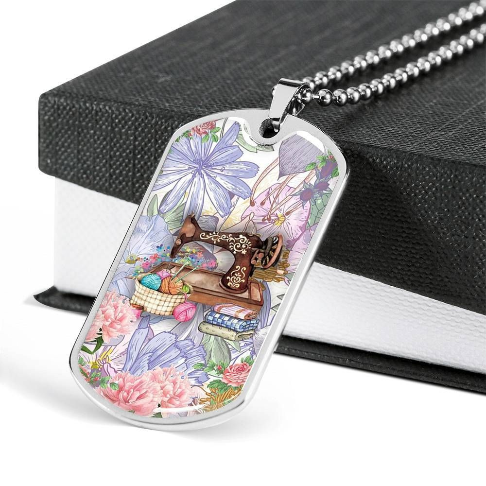Sewing Machine And Flower Dog Tag Necklace For Mom