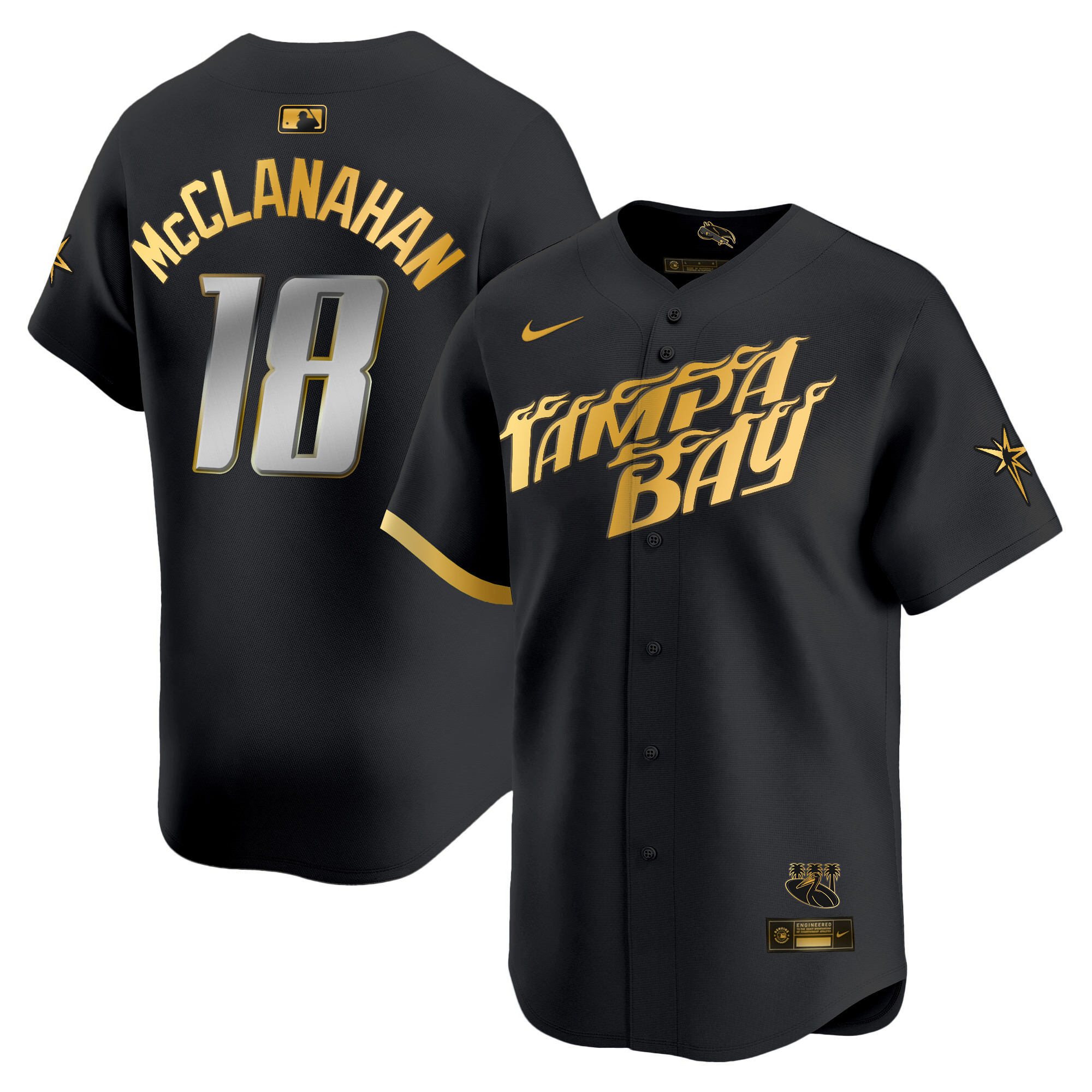 Shane McClanahan Men's Tampa Bay Rays 2024 City Connect Vapor Premier Limited - Charcoal Black Gold Jersey - All Stitched
