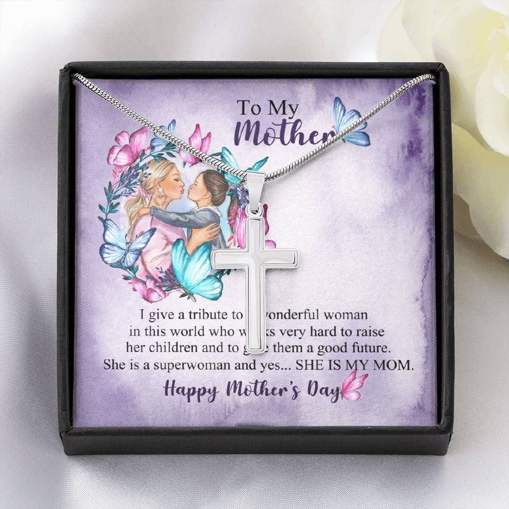 She Is A Superwoman Gift For Mom Stainless Cross Necklace