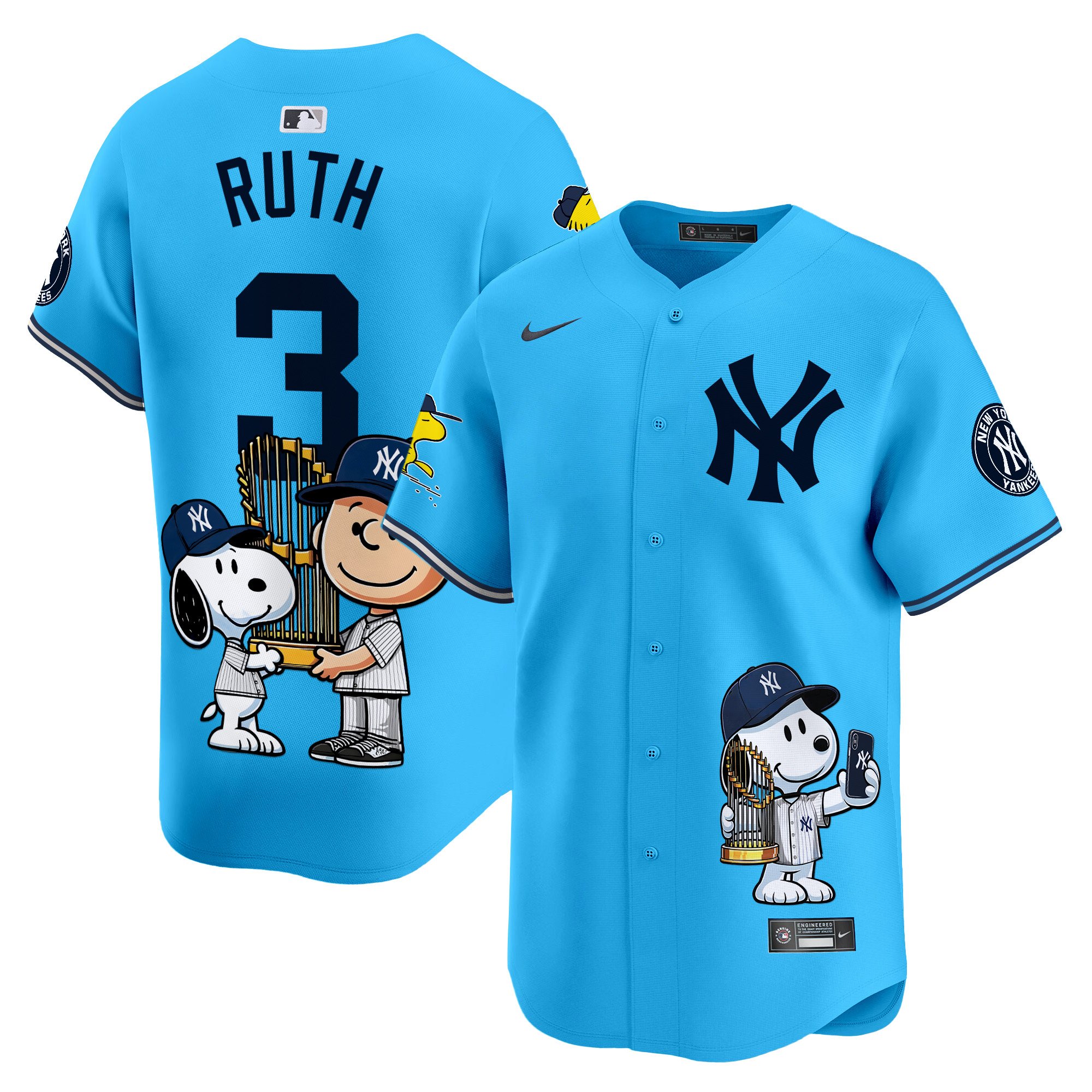 Babe RuthUnisex New York Yankees Peanut Snoopy Vapor Premier Limited Light Blue Jersey - Printed