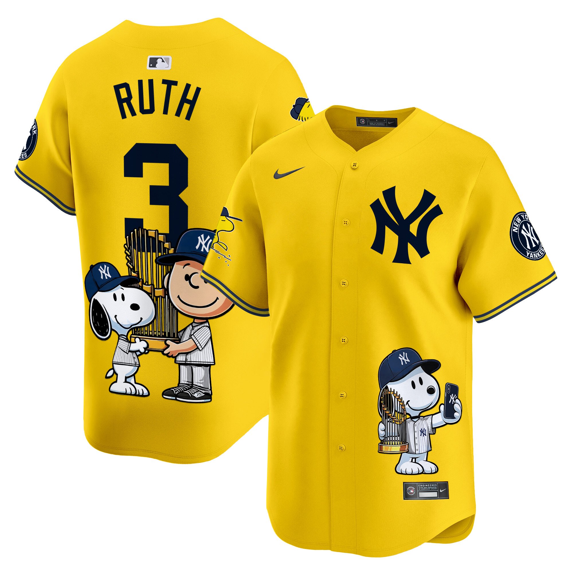 Babe RuthUnisex New York Yankees Peanut Snoopy Vapor Premier Limited Yellow Jersey - Printed