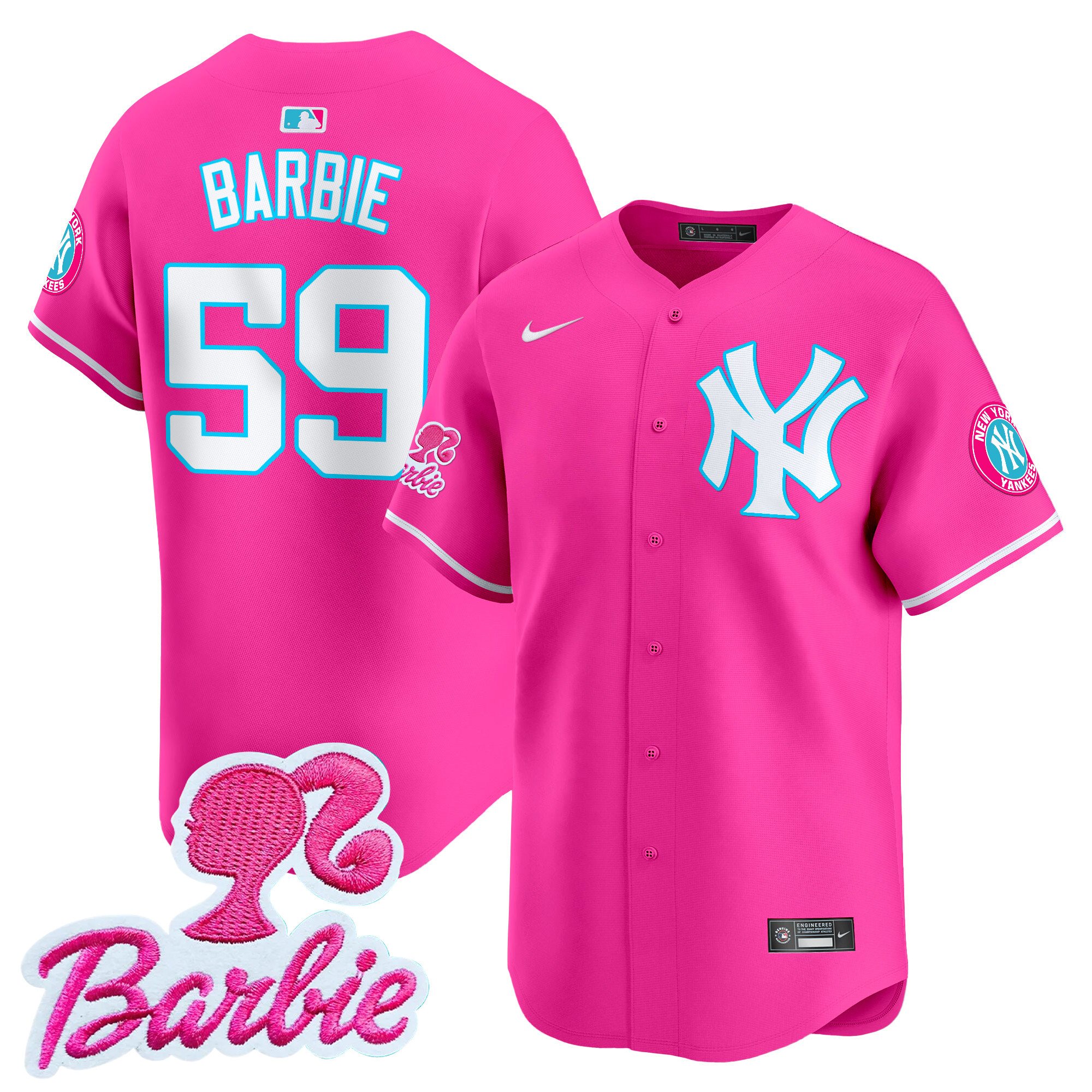 BarbieUnisex New York Yankees Barbie Patch Vapor Premier Limited Pink Jersey - All Stitched