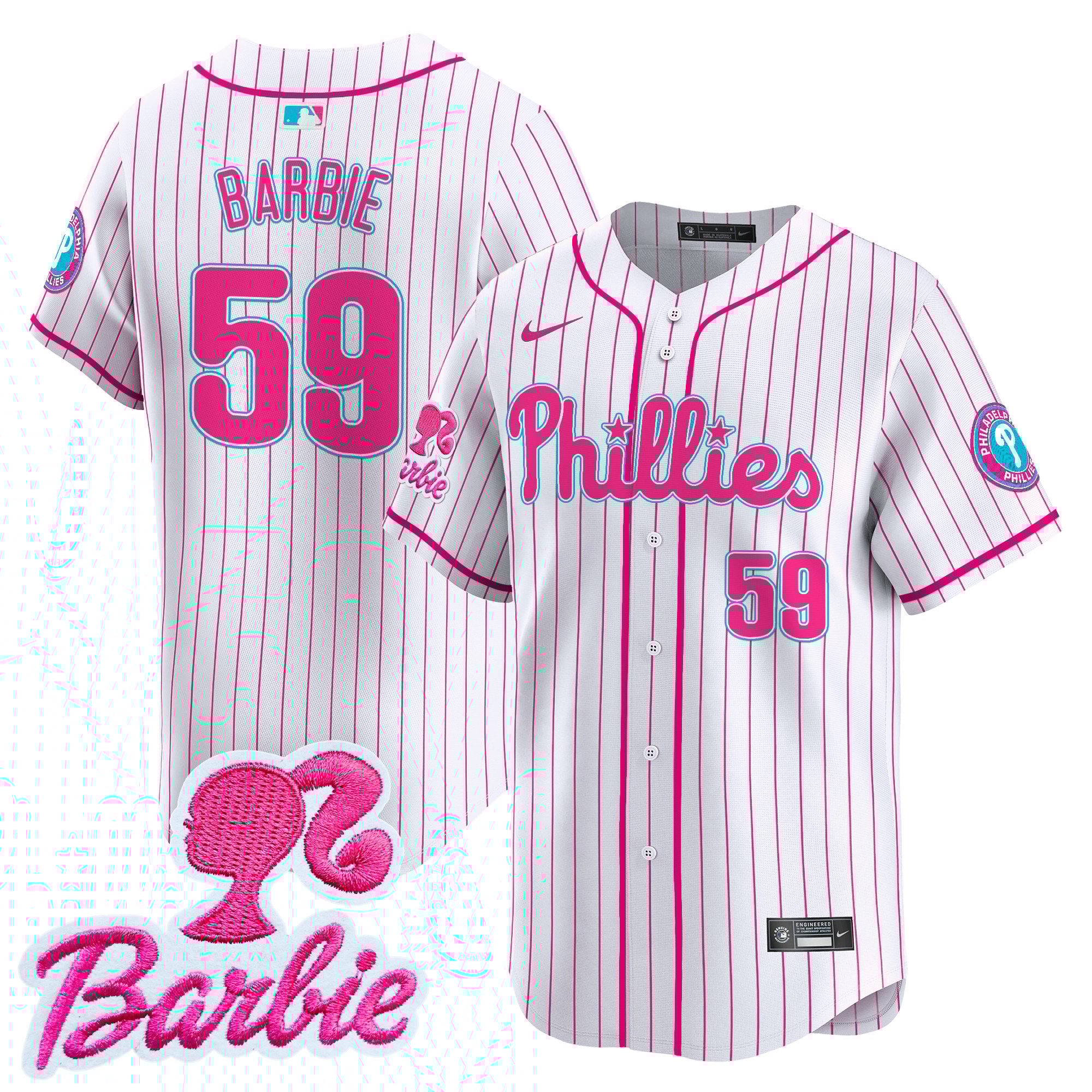 BarbieUnisex Philadelphia Phillies Barbie Patch Vapor Premier Limited Pink Stripe Jersey - All Stitched