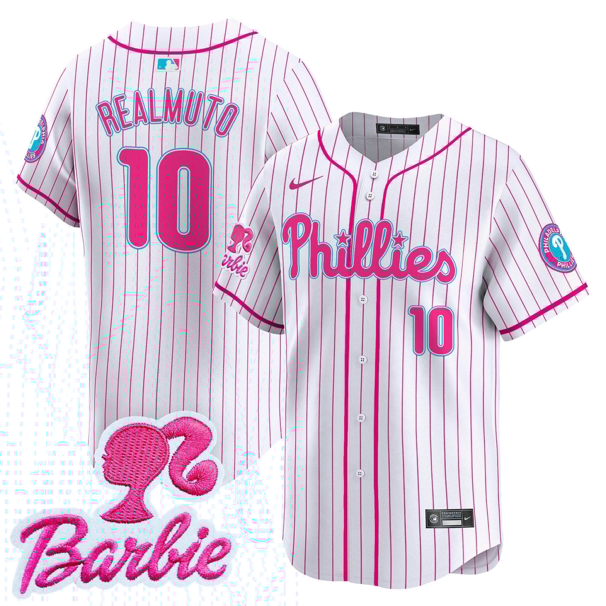 J.T.RealmutoUnisex Philadelphia Phillies Barbie Patch Vapor Premier Limited Pink Stripe Jersey - All Stitched