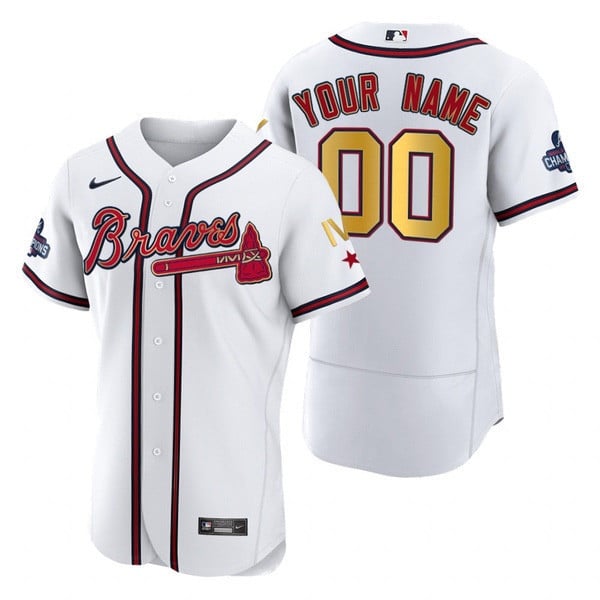Men Atlanta Braves 4x World Series Gold Trim Custom Name and Number Flex Base Jersey - Stitched