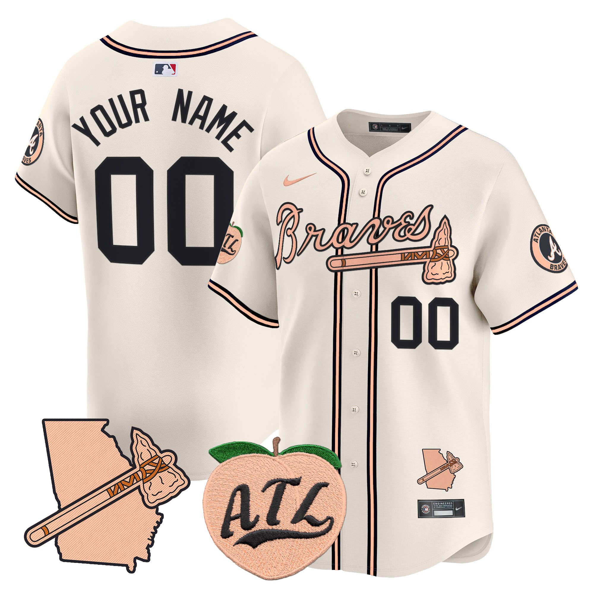 Men Atlanta Braves Peach Vapor Premier Limited Custom Cream Jersey - All Stitched