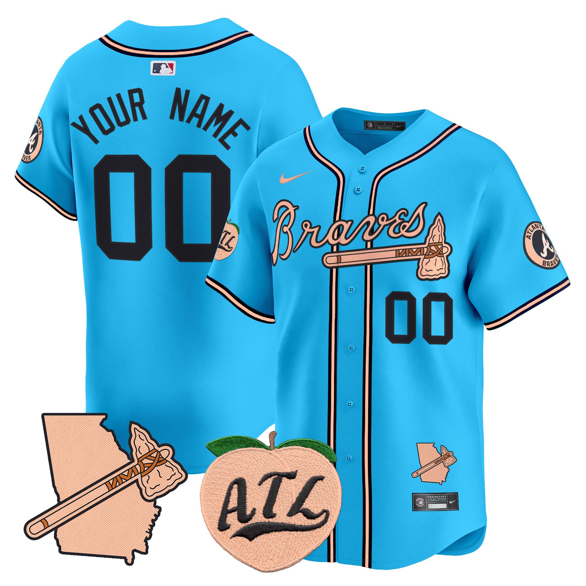 Men Atlanta Braves Peach Vapor Premier Limited Custom Light Blue Jersey - All Stitched