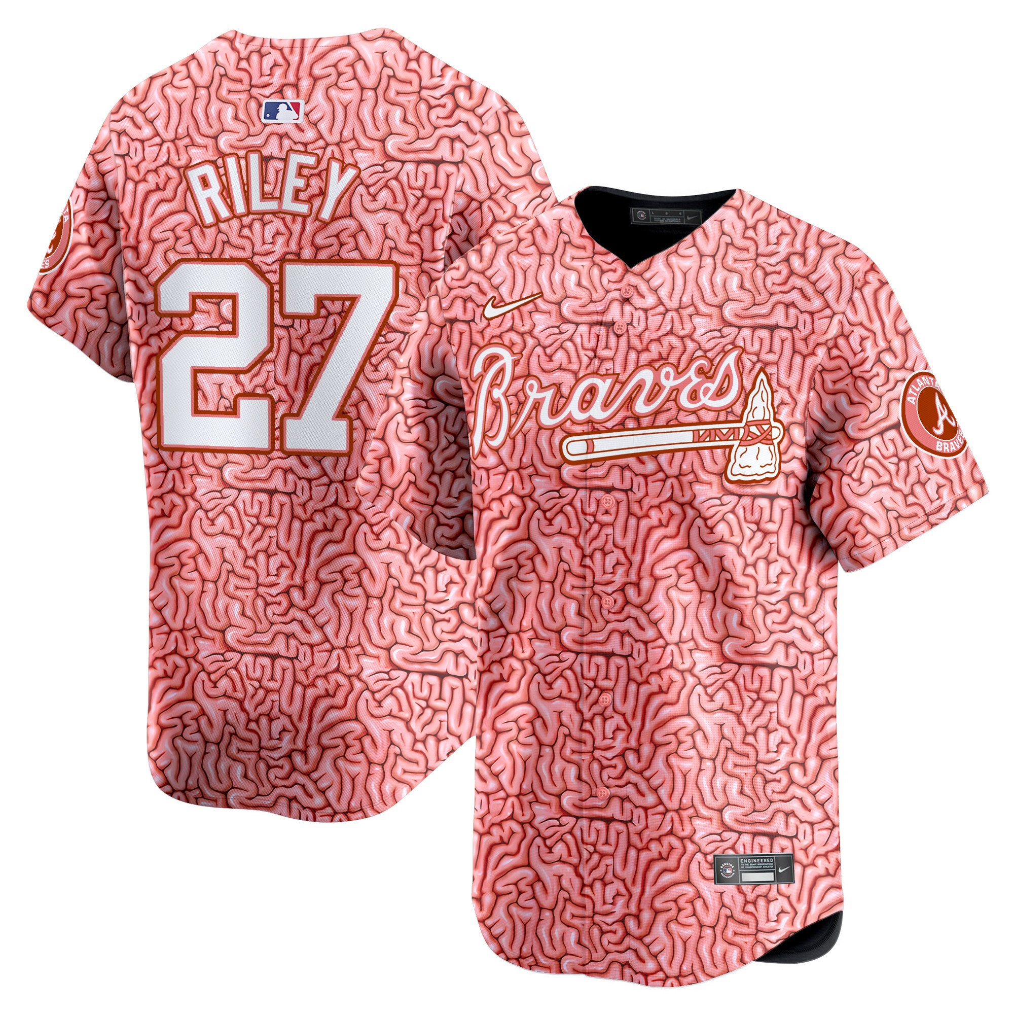 Men Austin Riley Atlanta Braves Halloween Natural Pink Brains Vapor Premier Limited Jersey - Printed