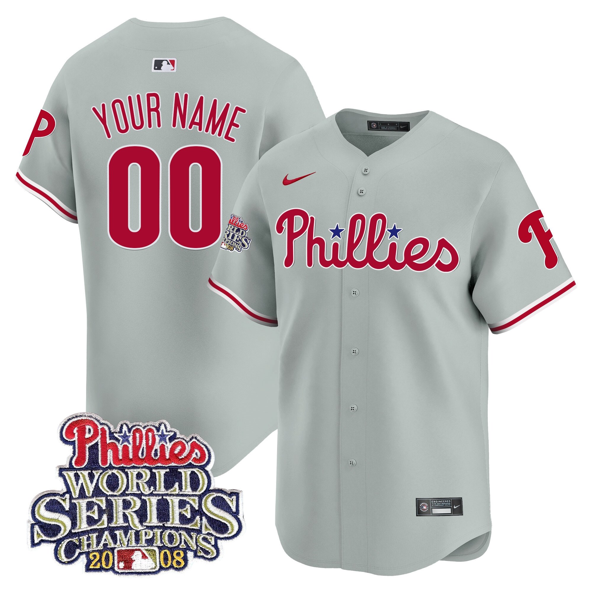 Men Philadelphia Phillies 2008 World Series Champions Patch Vapor Premier Limited Custom Gray Road Jersey - All Stitched