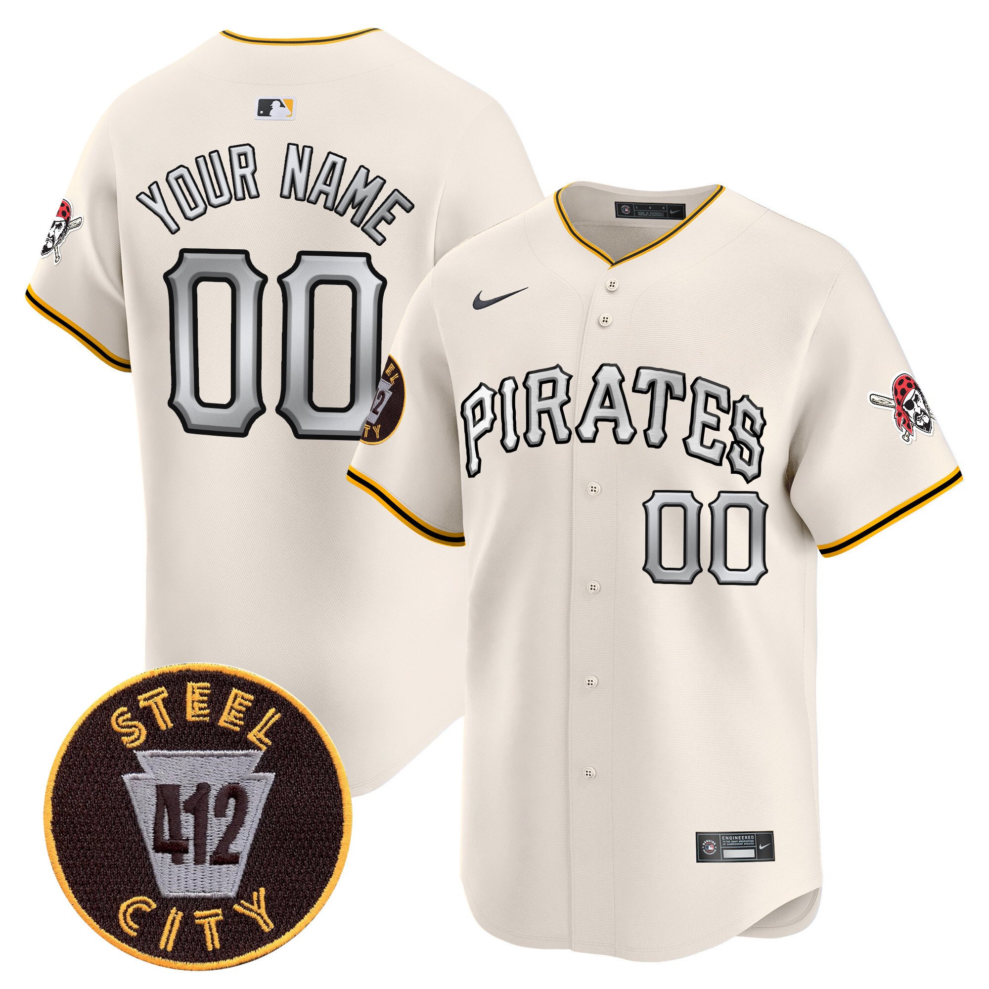 Men Pittsburgh Pirates 412 Patch Vapor Premier Limited Custom Cream Jersey V6 - All Stitched