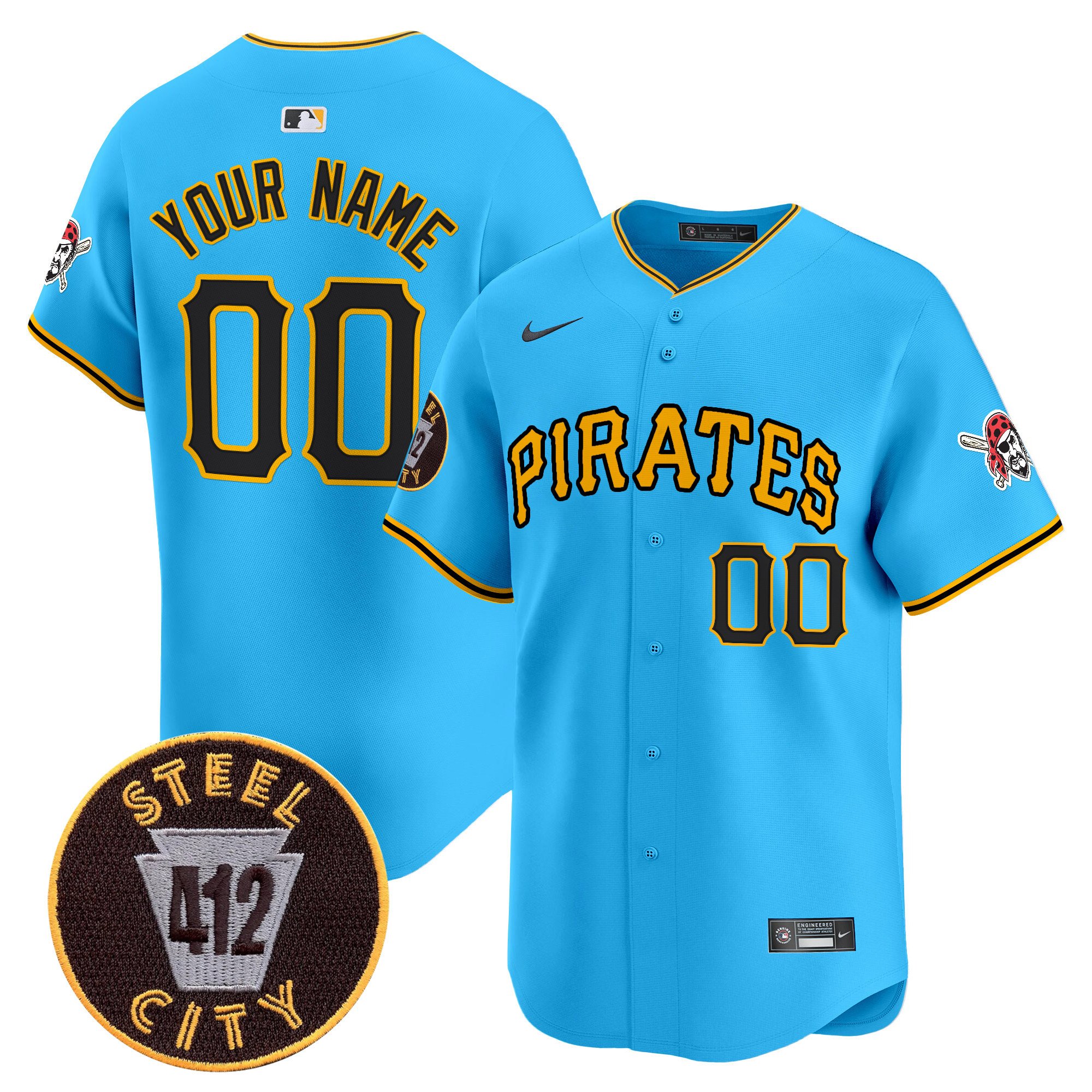Men Pittsburgh Pirates 412 Patch Vapor Premier Limited Custom Light Blue Jersey V3 - All Stitched
