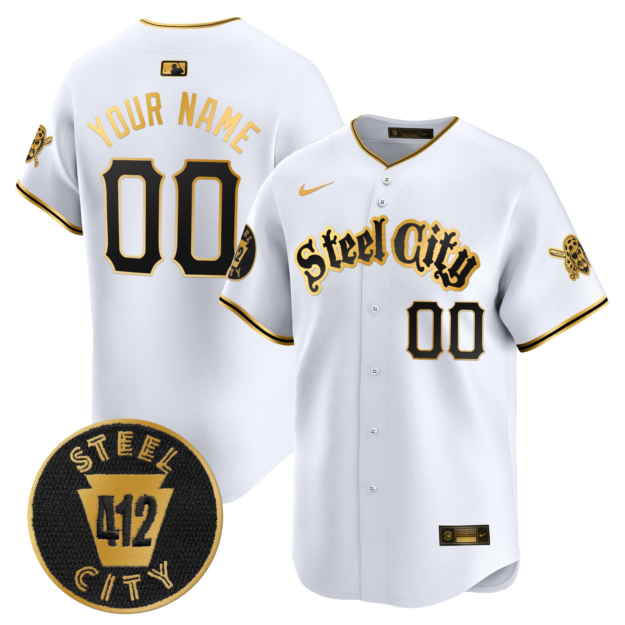 Men Pittsburgh Pirates 412 Patch Vapor Premier Limited Custom White Gold Jersey V5 - All Stitched