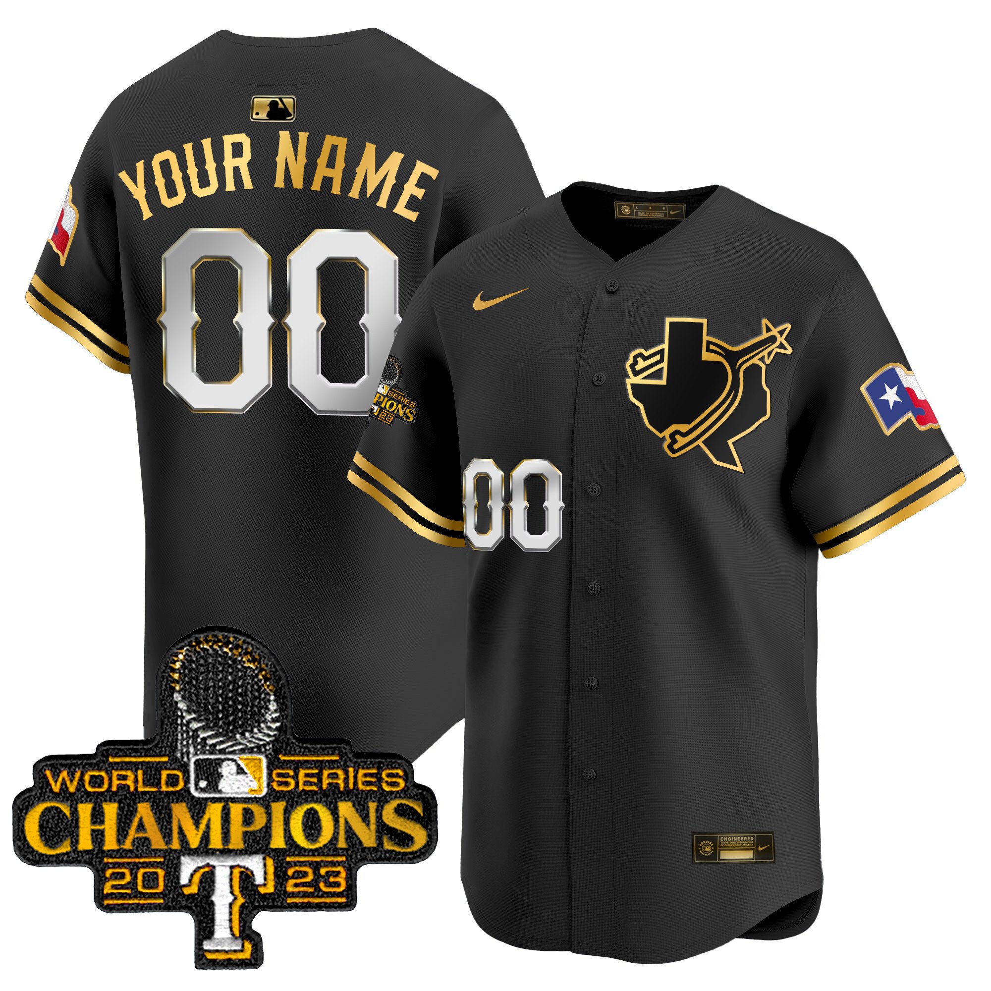 Men Texas Rangers World Series Champions Vapor Premier Limited Custom Black Gold Jersey V3 - All Stitched